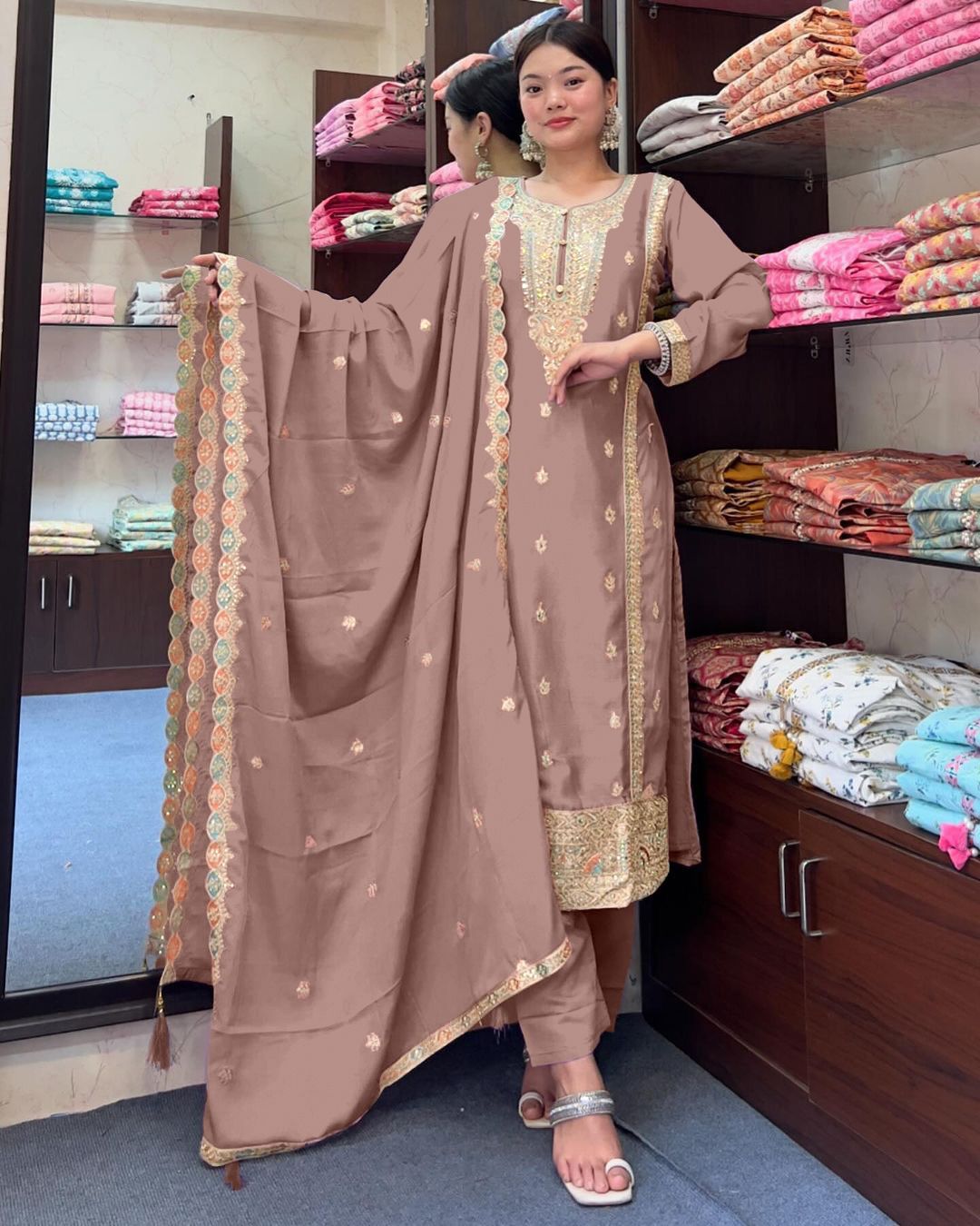 Fantastic Embroidery Work Beige Color Salwar Suit