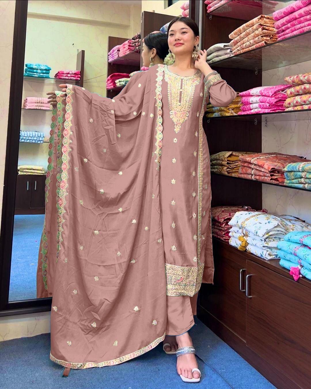 Fantastic Embroidery Work Beige Color Salwar Suit