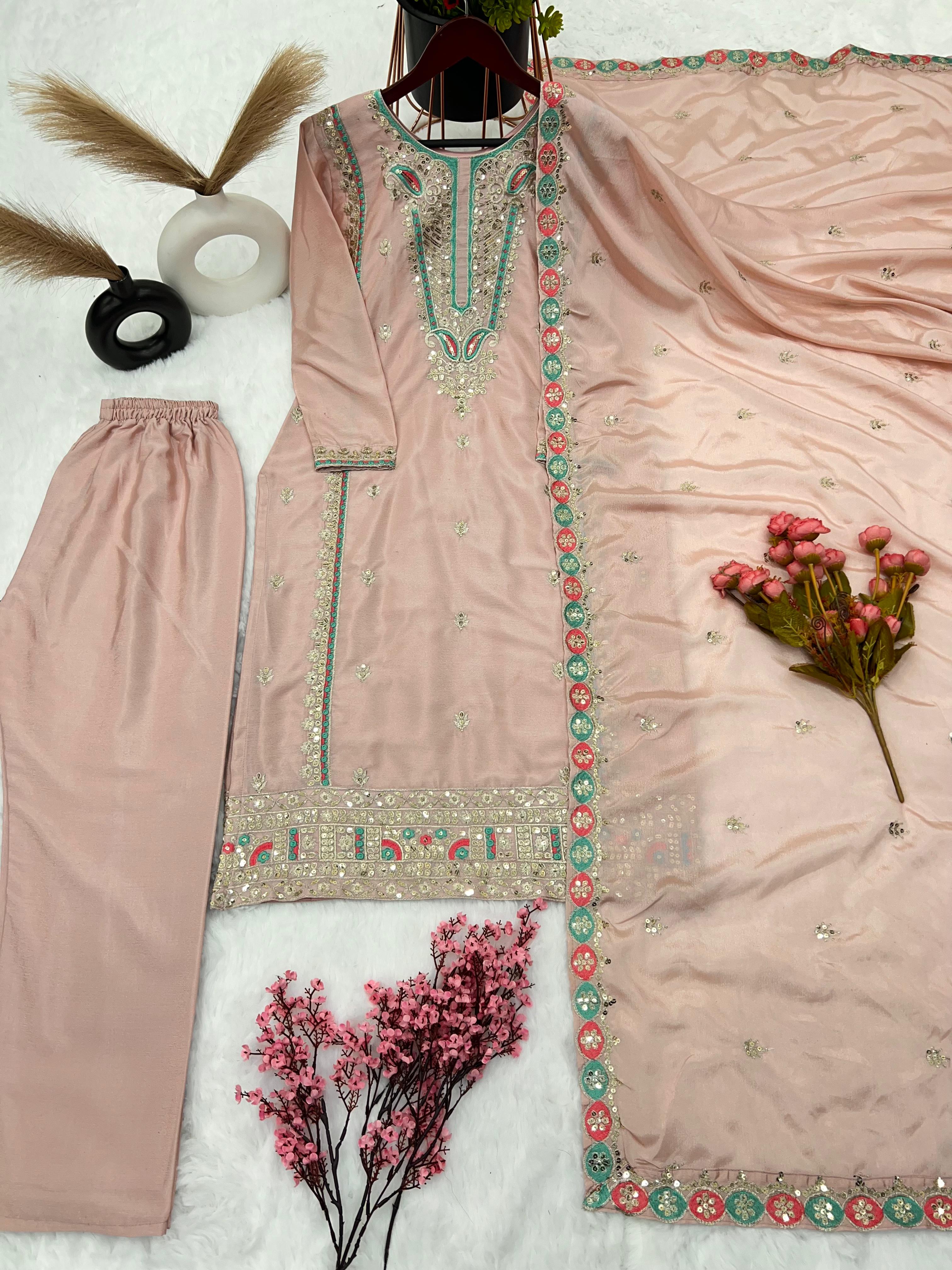Fantastic Embroidery Work Beige Color Salwar Suit
