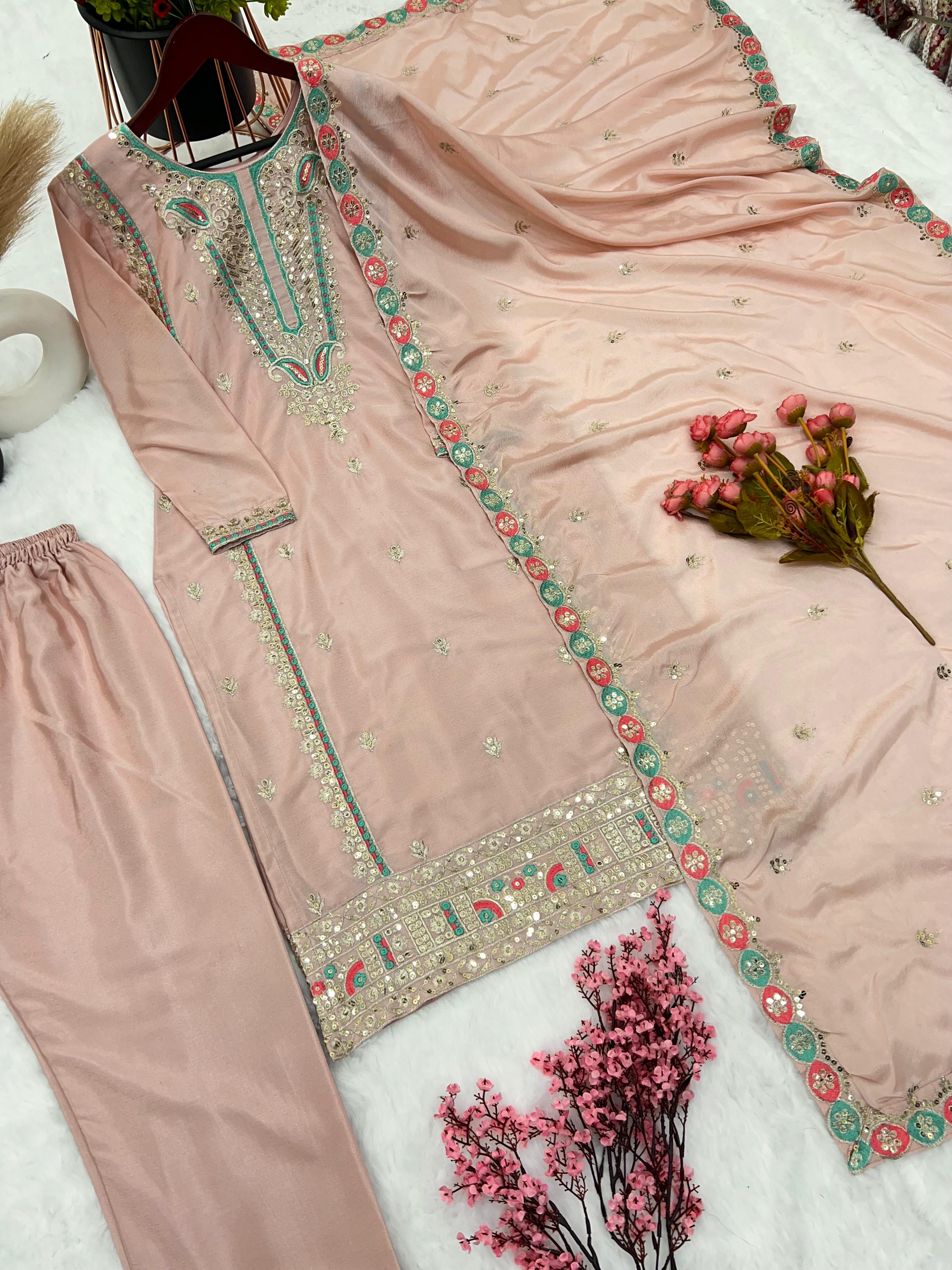 Fantastic Embroidery Work Beige Color Salwar Suit