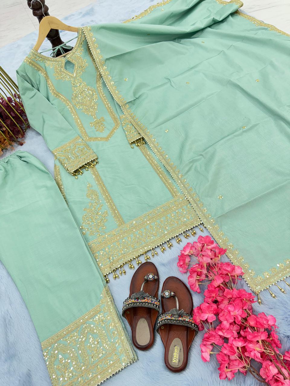 Innovative Pista Green Color With Work Salwar Suit
