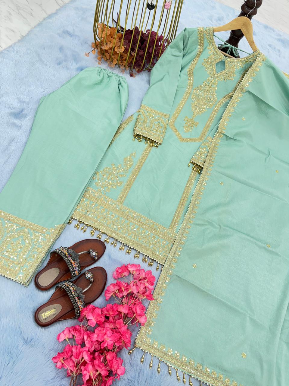 Innovative Pista Green Color With Work Salwar Suit