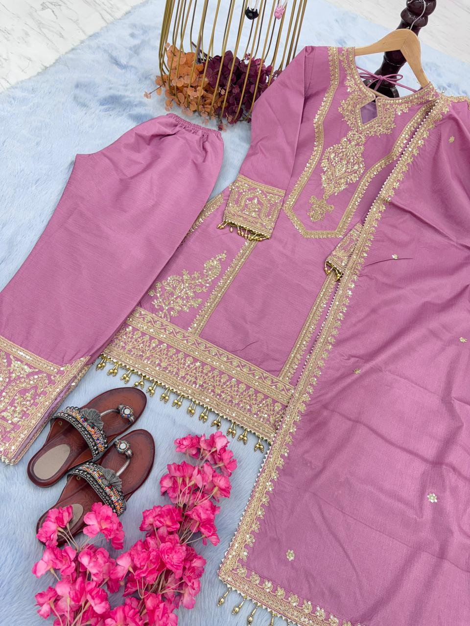 Innovative Dusty Pink Color With Work Salwar Suit
