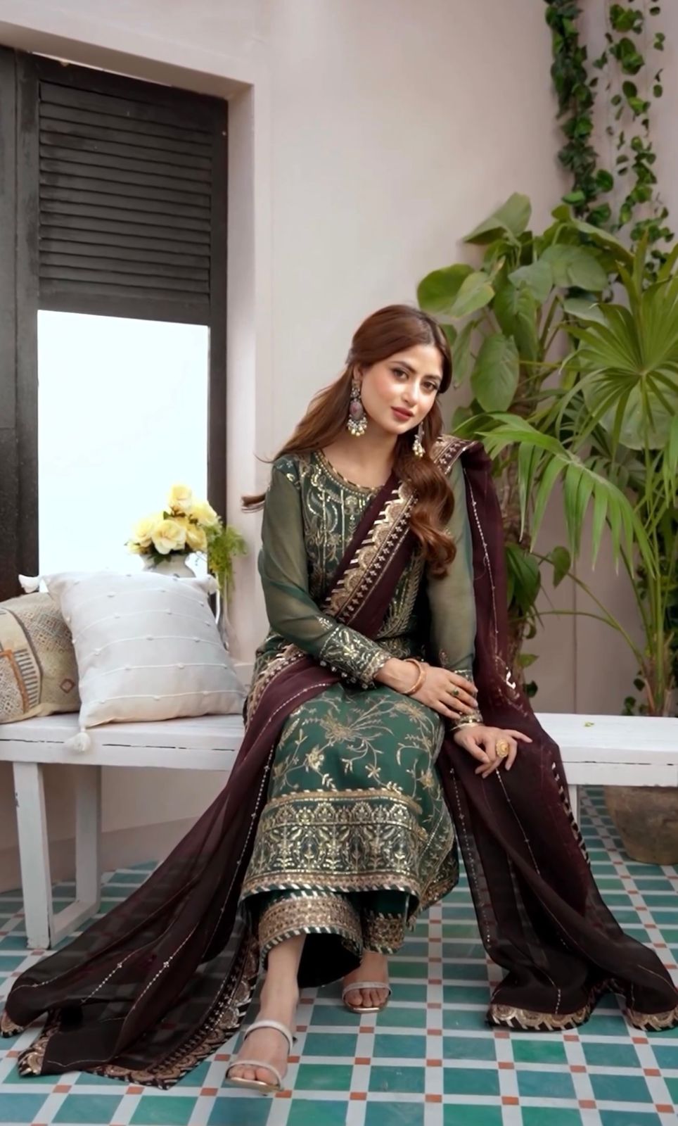 Green Color  Palazzo Suit With Maroon Dupatta