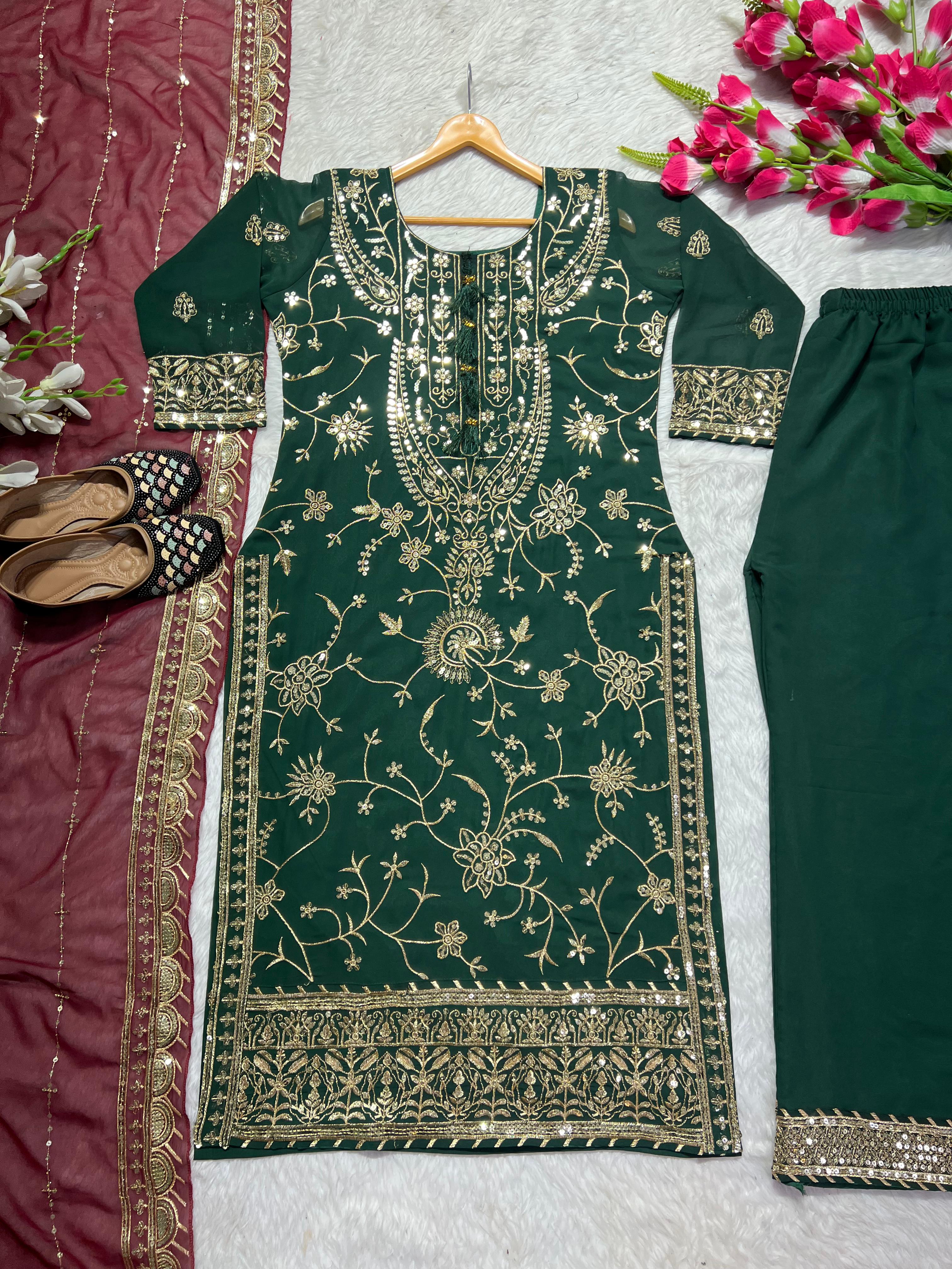 Green Color  Palazzo Suit With Maroon Dupatta