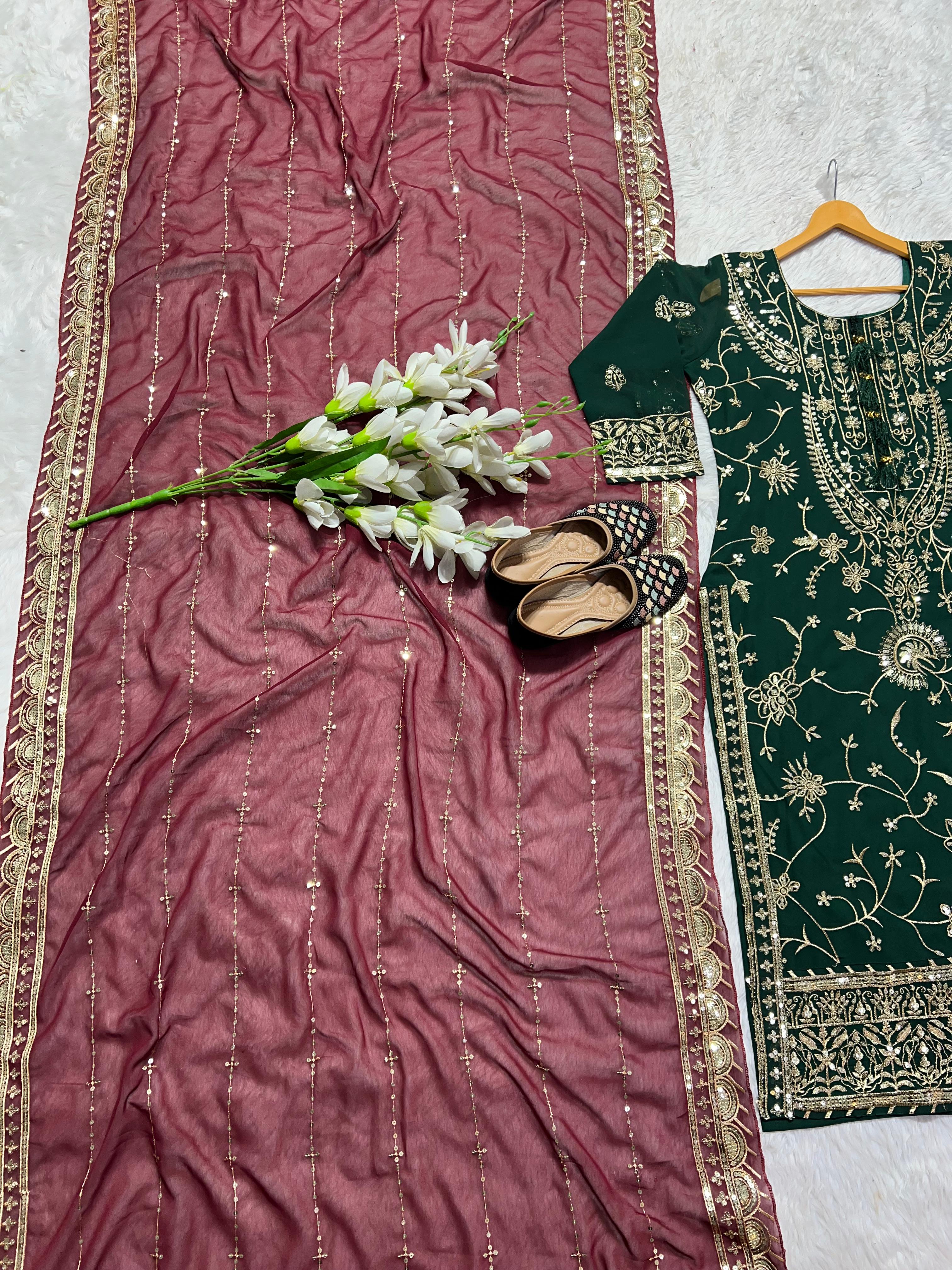 Green Color  Palazzo Suit With Maroon Dupatta