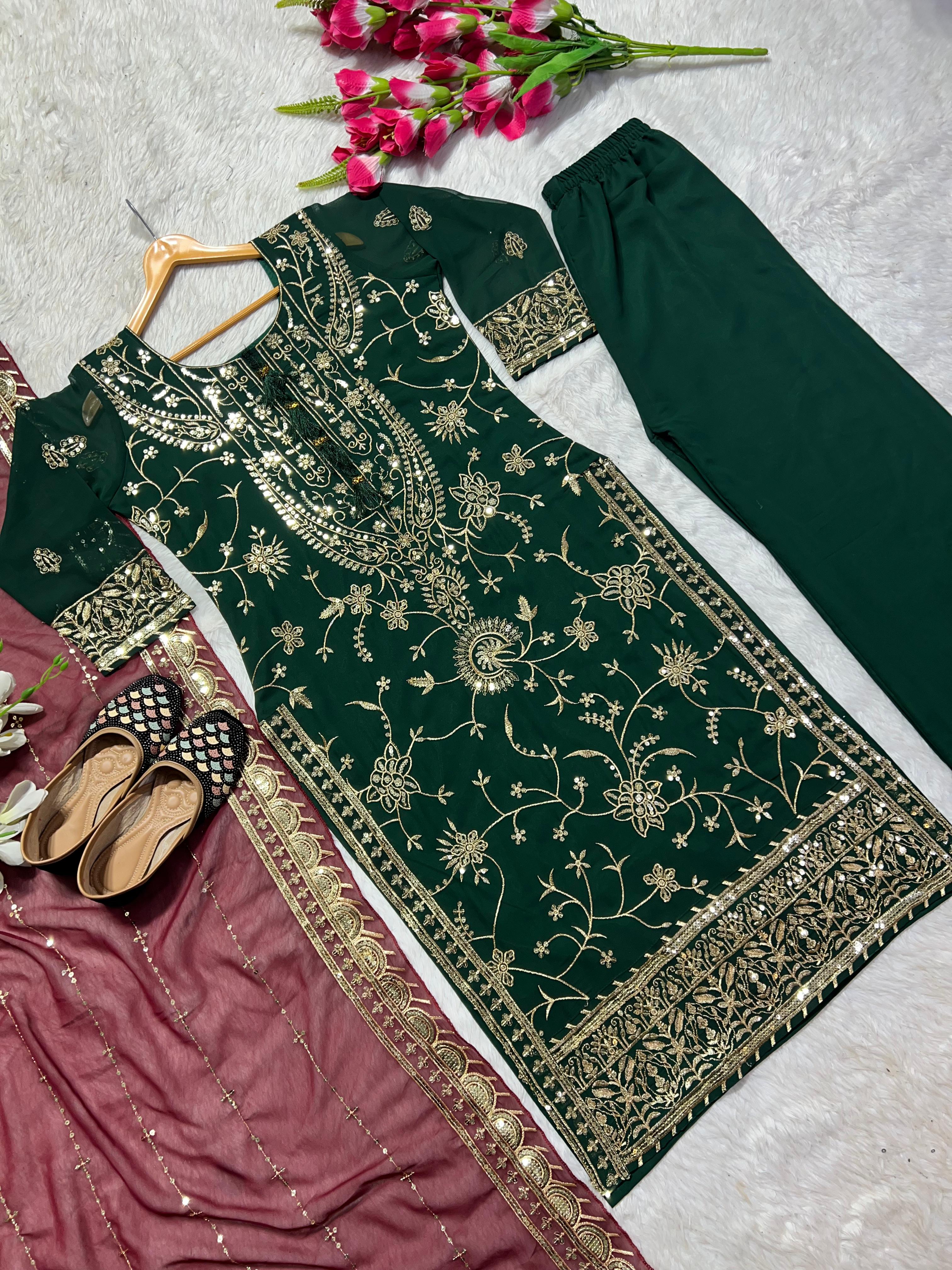 Green Color  Palazzo Suit With Maroon Dupatta