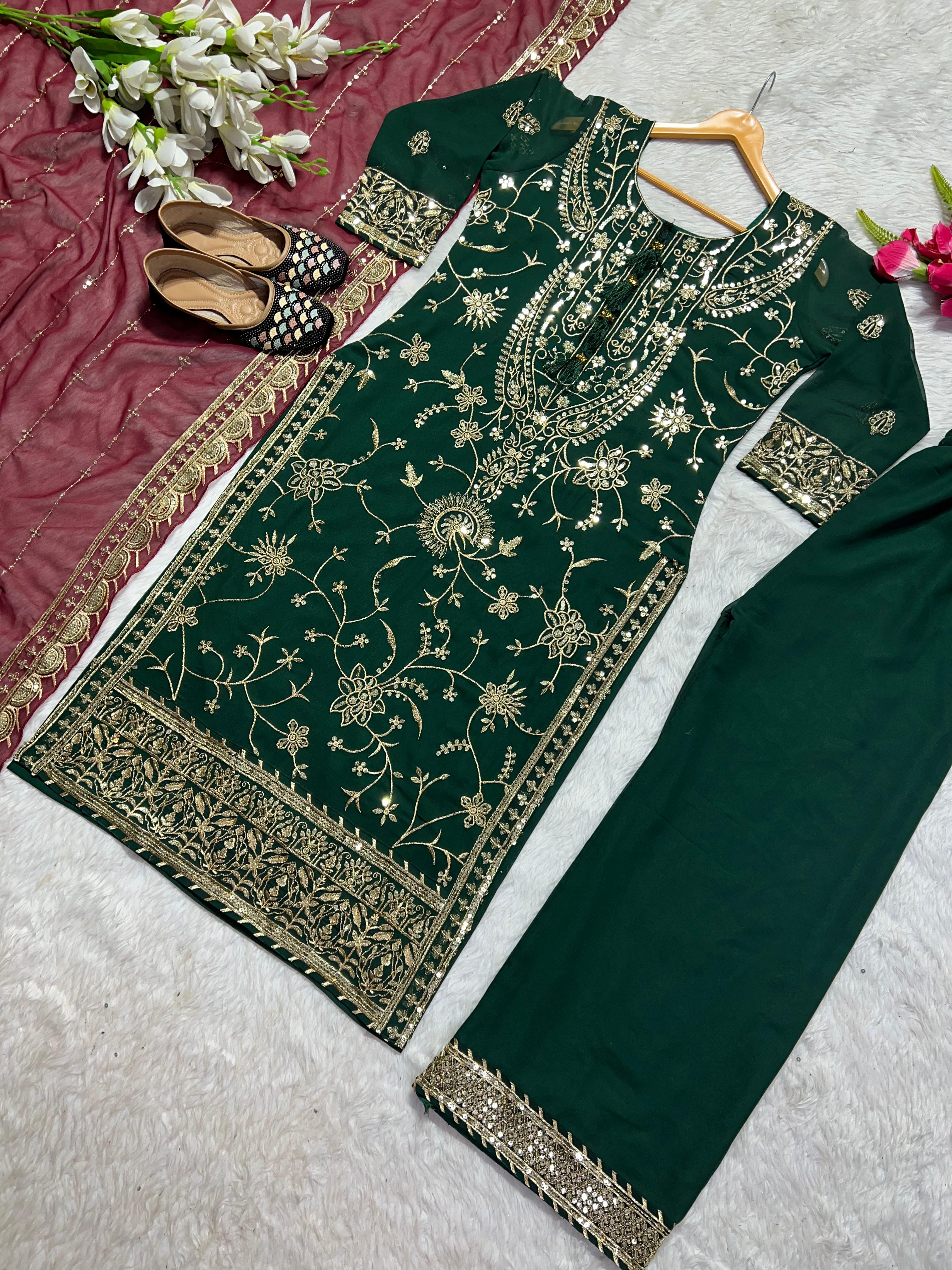 Green Color  Palazzo Suit With Maroon Dupatta