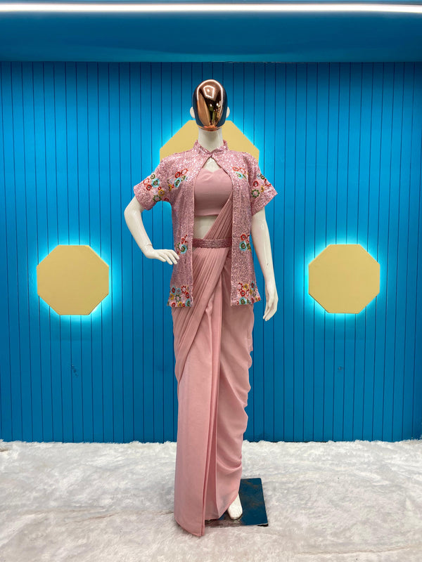 Peach Ready To Wear Saree With Full Work Jacket