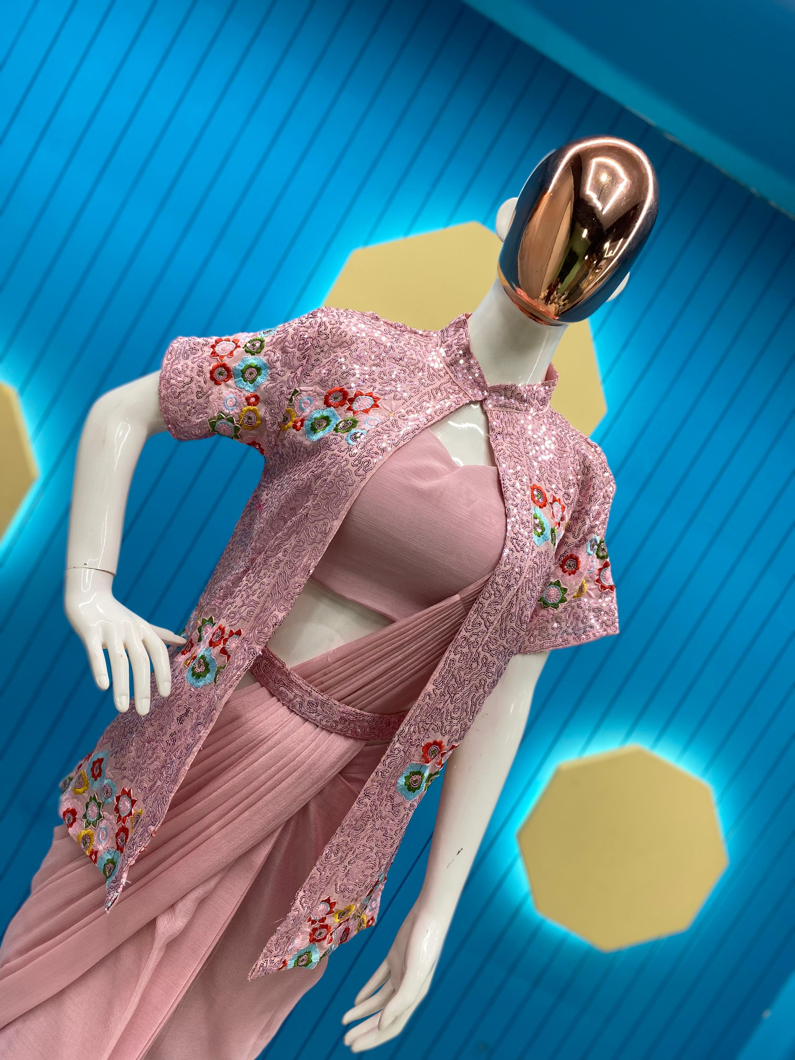 Peach Ready To Wear Saree With Full Work Jacket