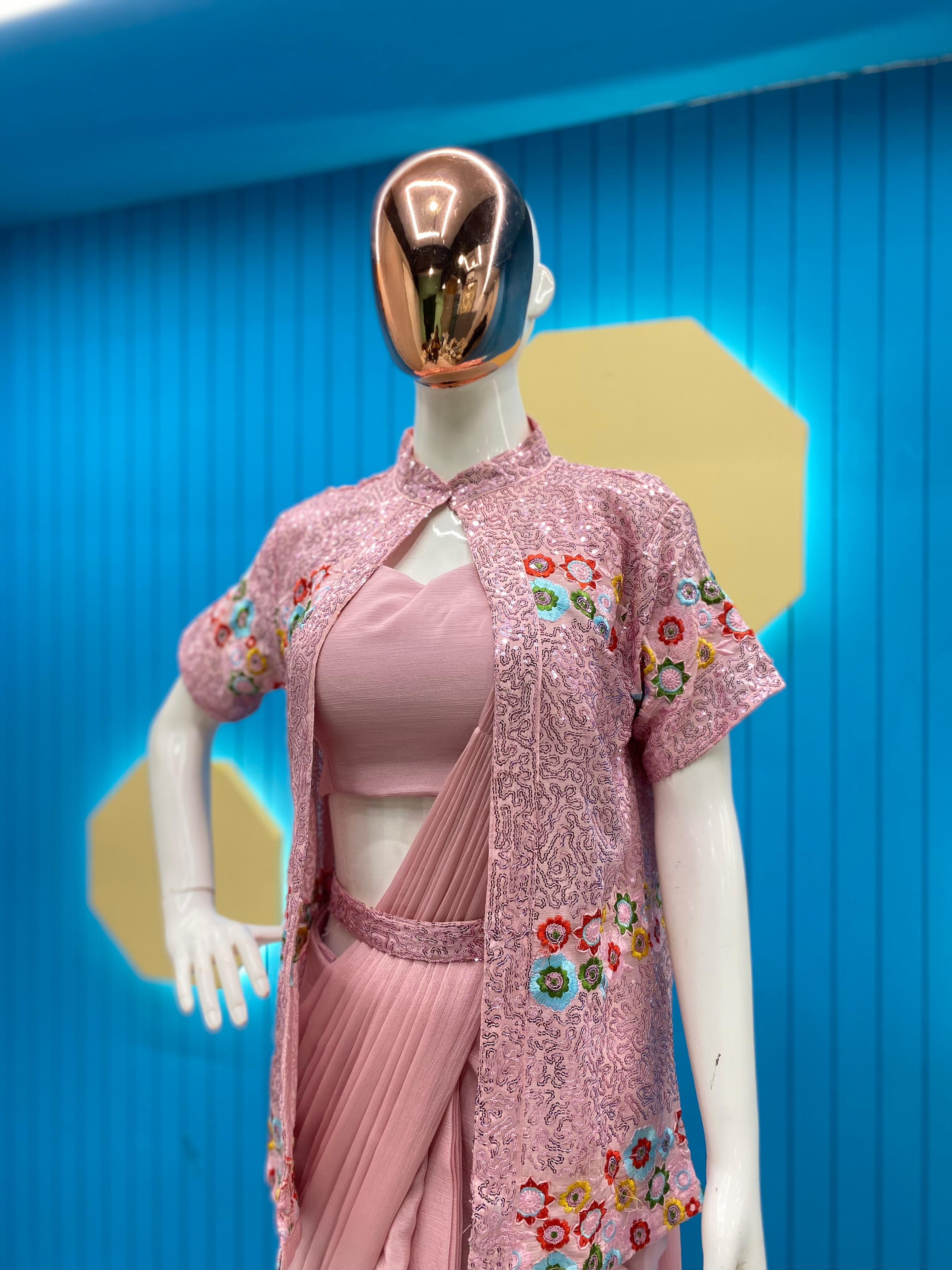 Peach Ready To Wear Saree With Full Work Jacket