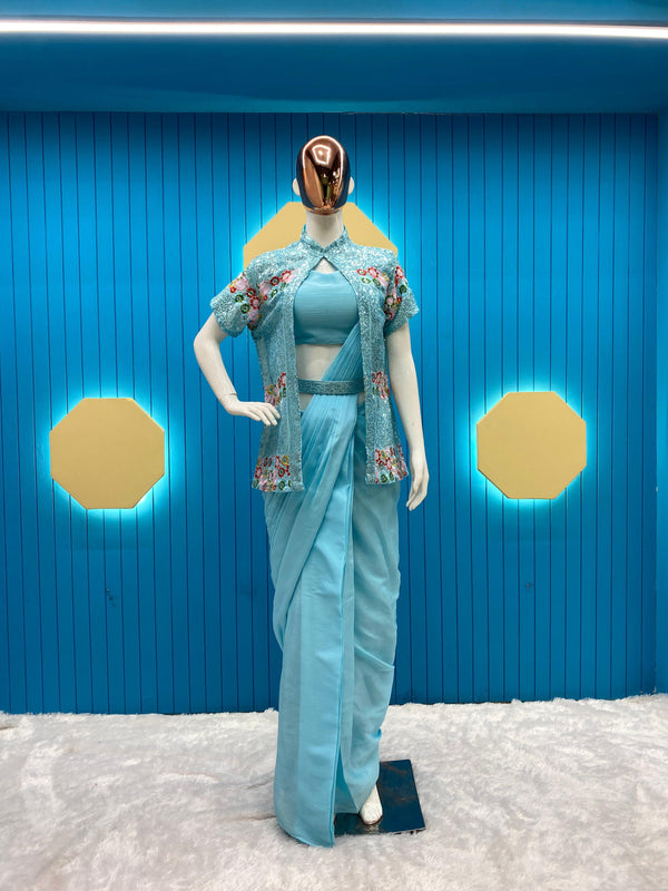 Sky Blue Ready To Wear Saree With Full Work Jacket