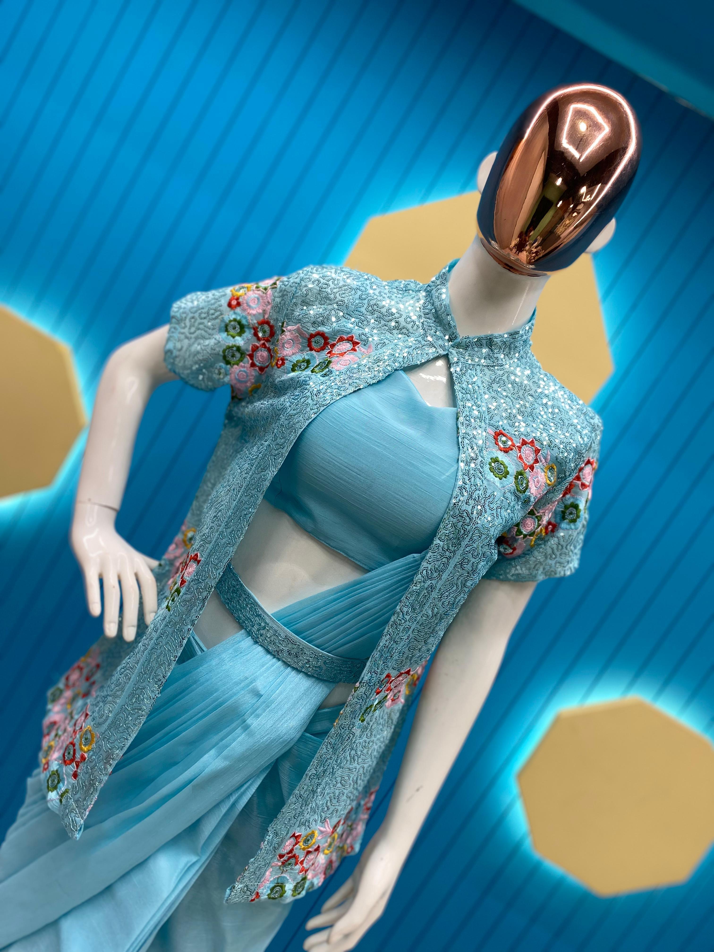 Sky Blue Ready To Wear Saree With Full Work Jacket