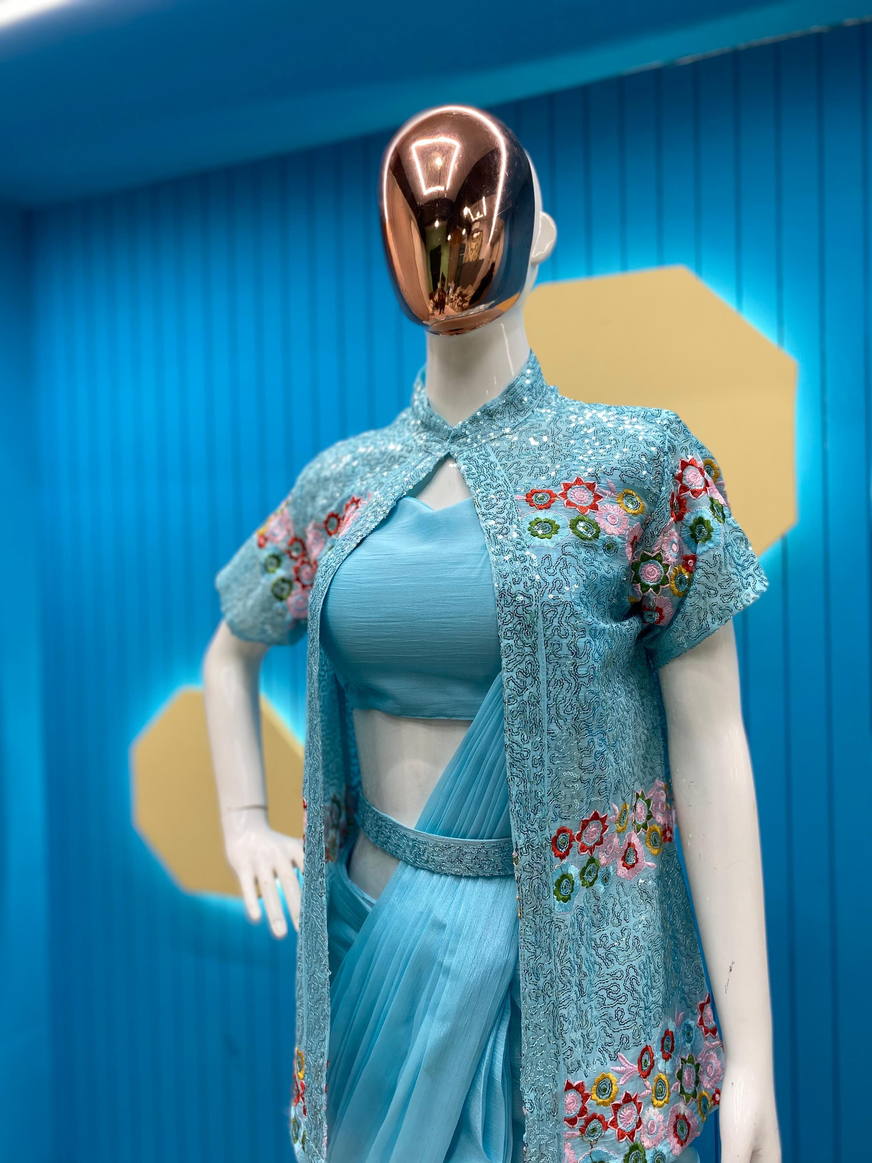 Sky Blue Ready To Wear Saree With Full Work Jacket