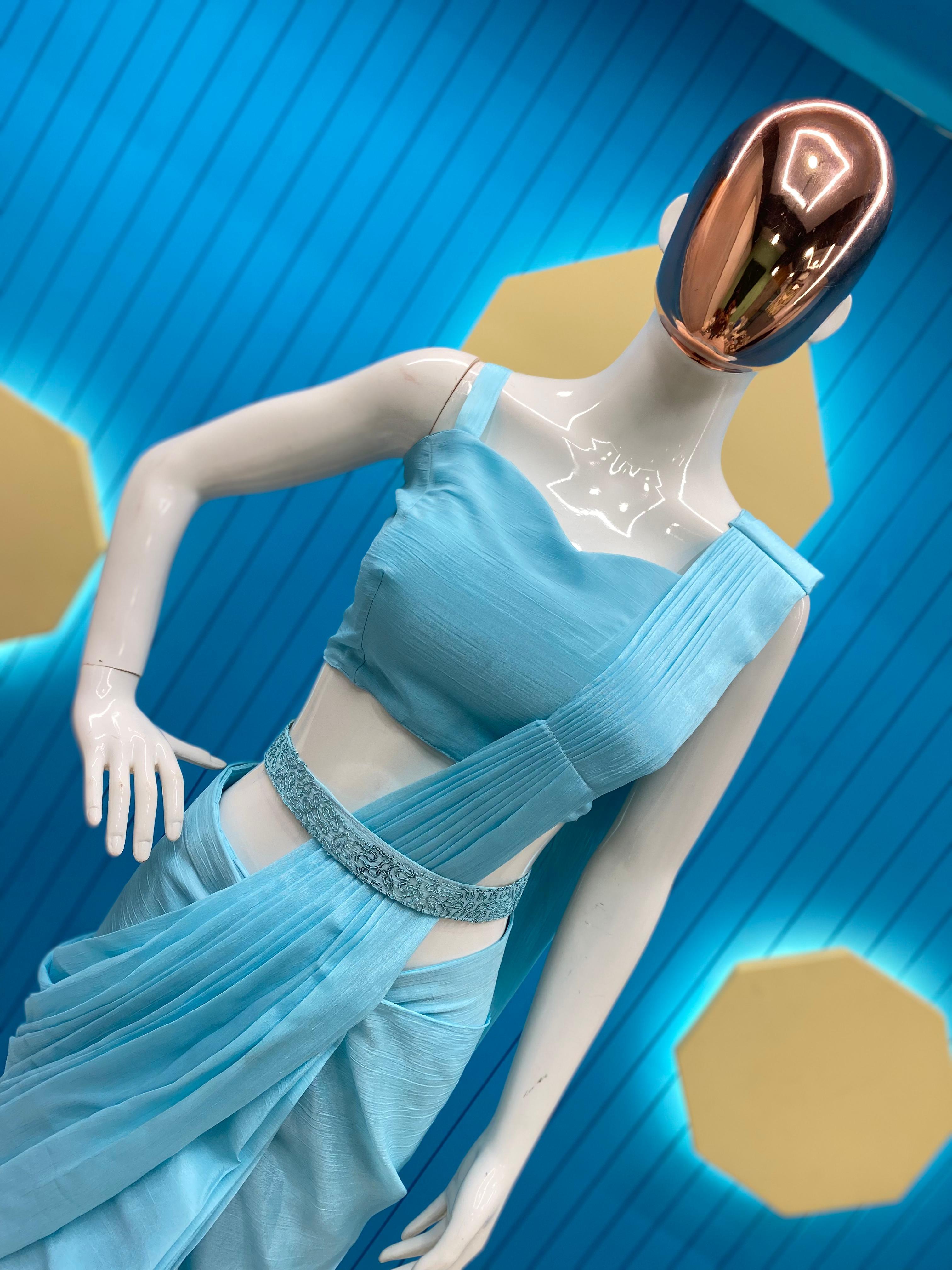 Sky Blue Ready To Wear Saree With Full Work Jacket