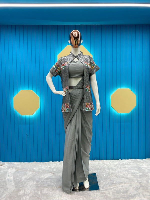Gray Ready To Wear Saree With Full Work Jacket