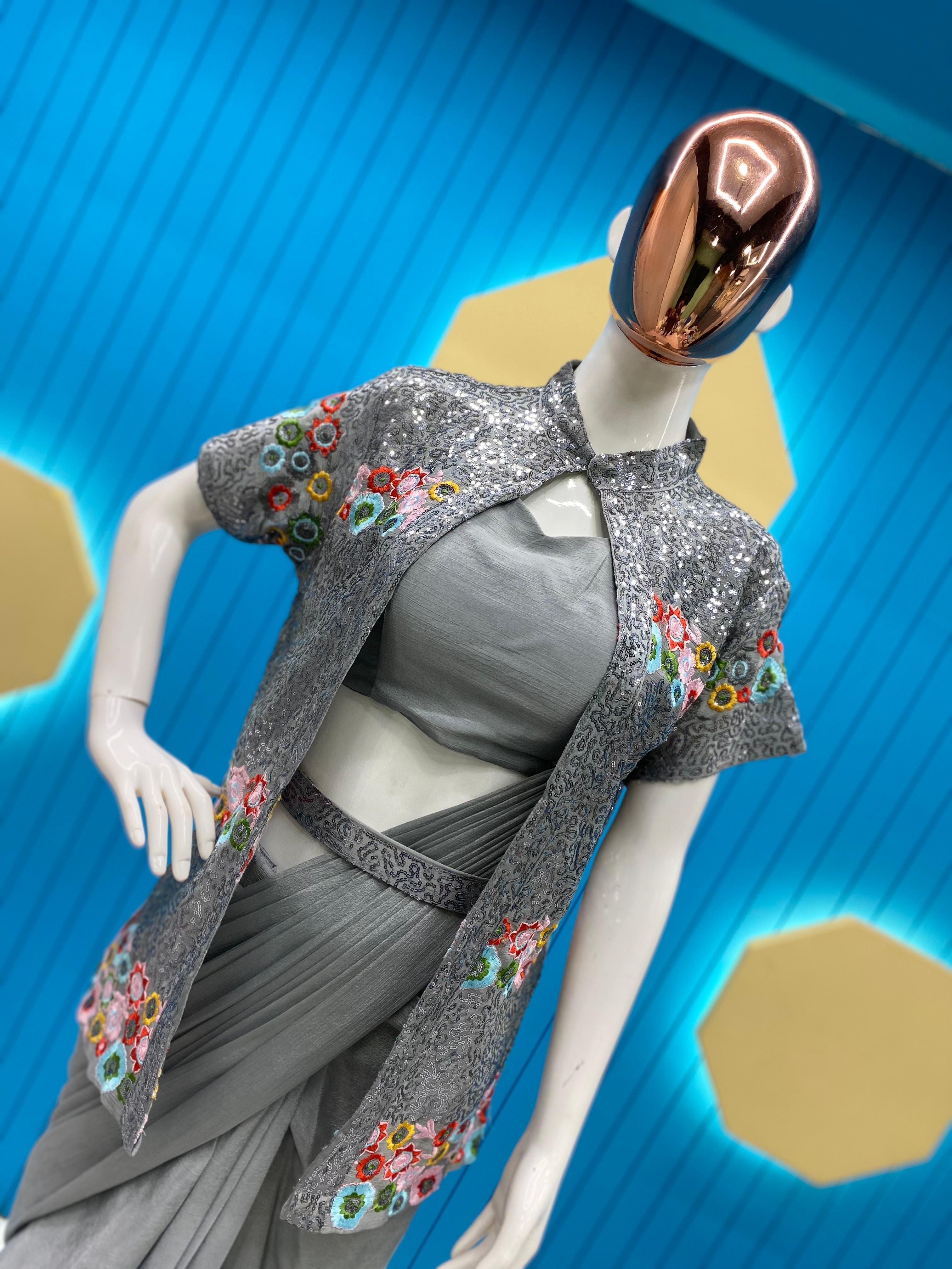 Gray Ready To Wear Saree With Full Work Jacket