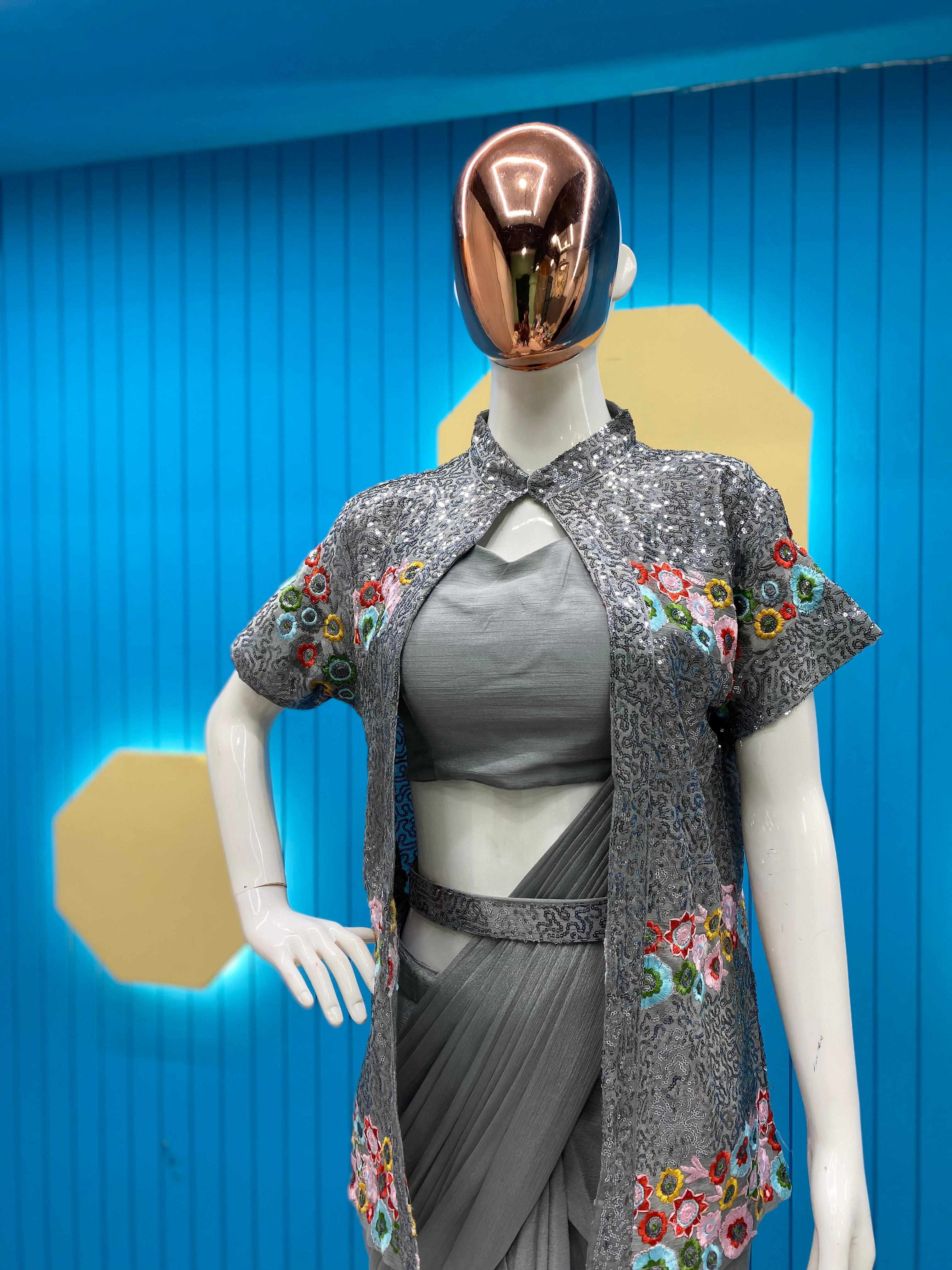 Gray Ready To Wear Saree With Full Work Jacket
