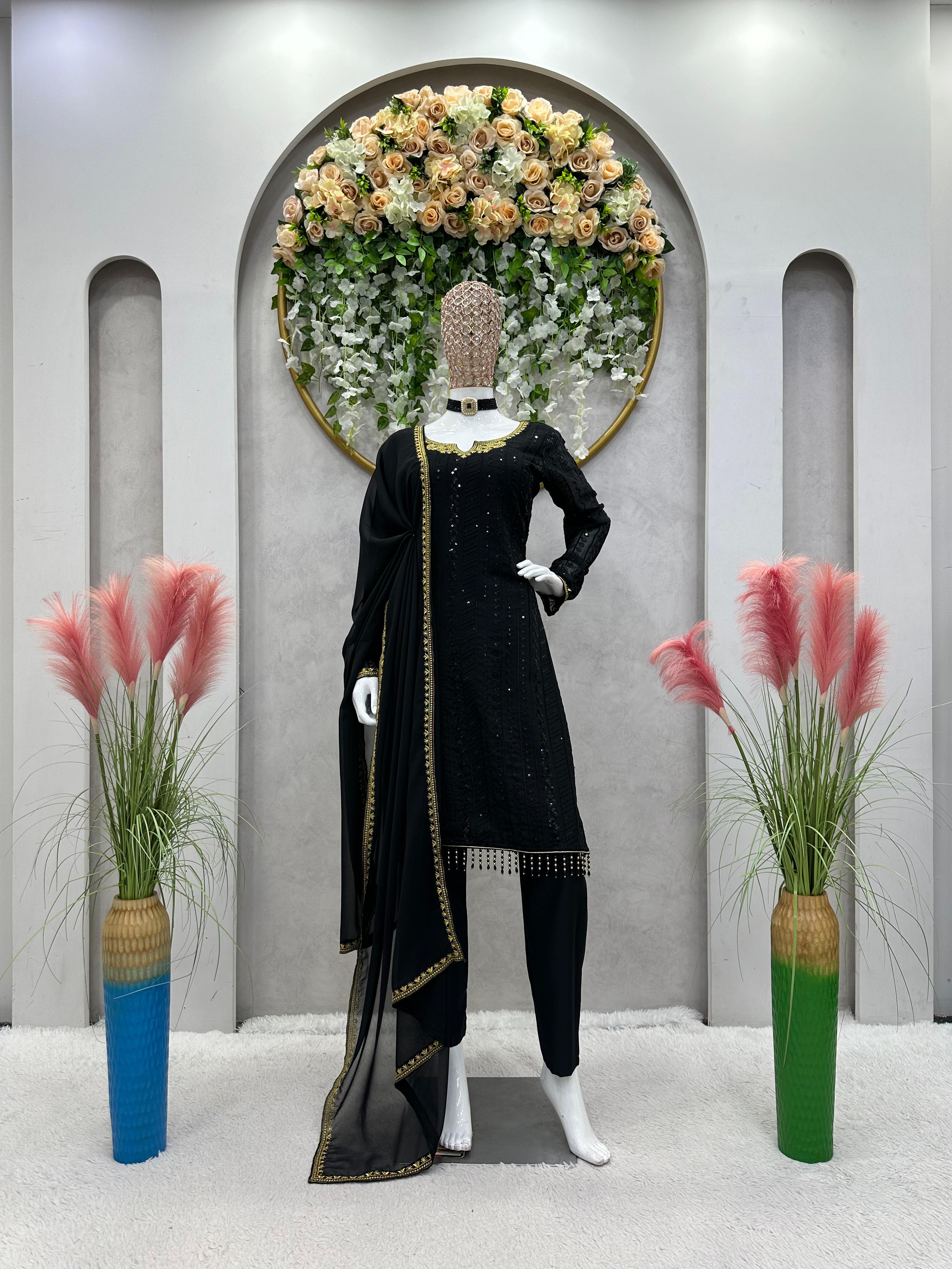 Dazzling Sequence Thread Work Black Color Salwar Suit