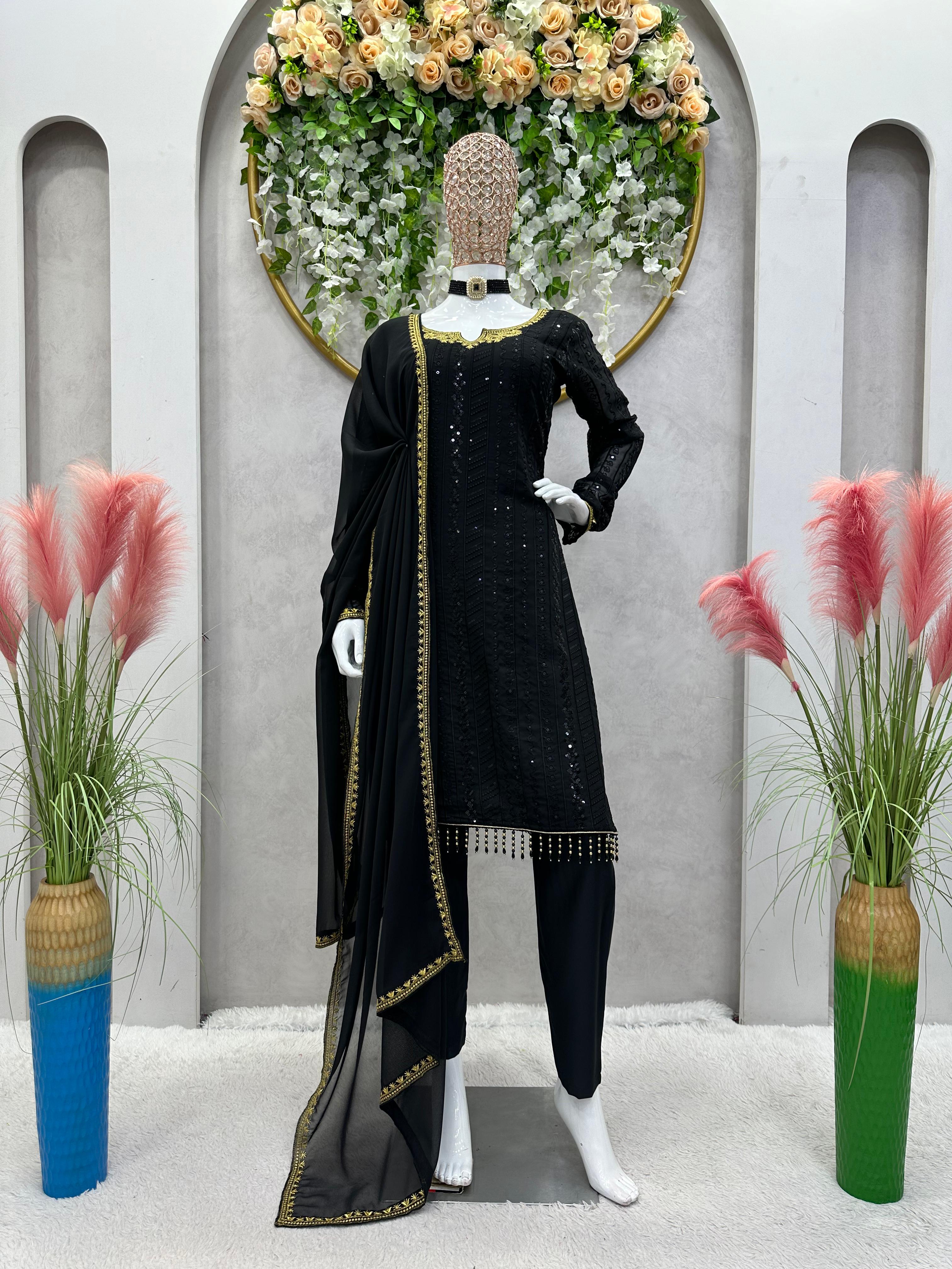 Dazzling Sequence Thread Work Black Color Salwar Suit