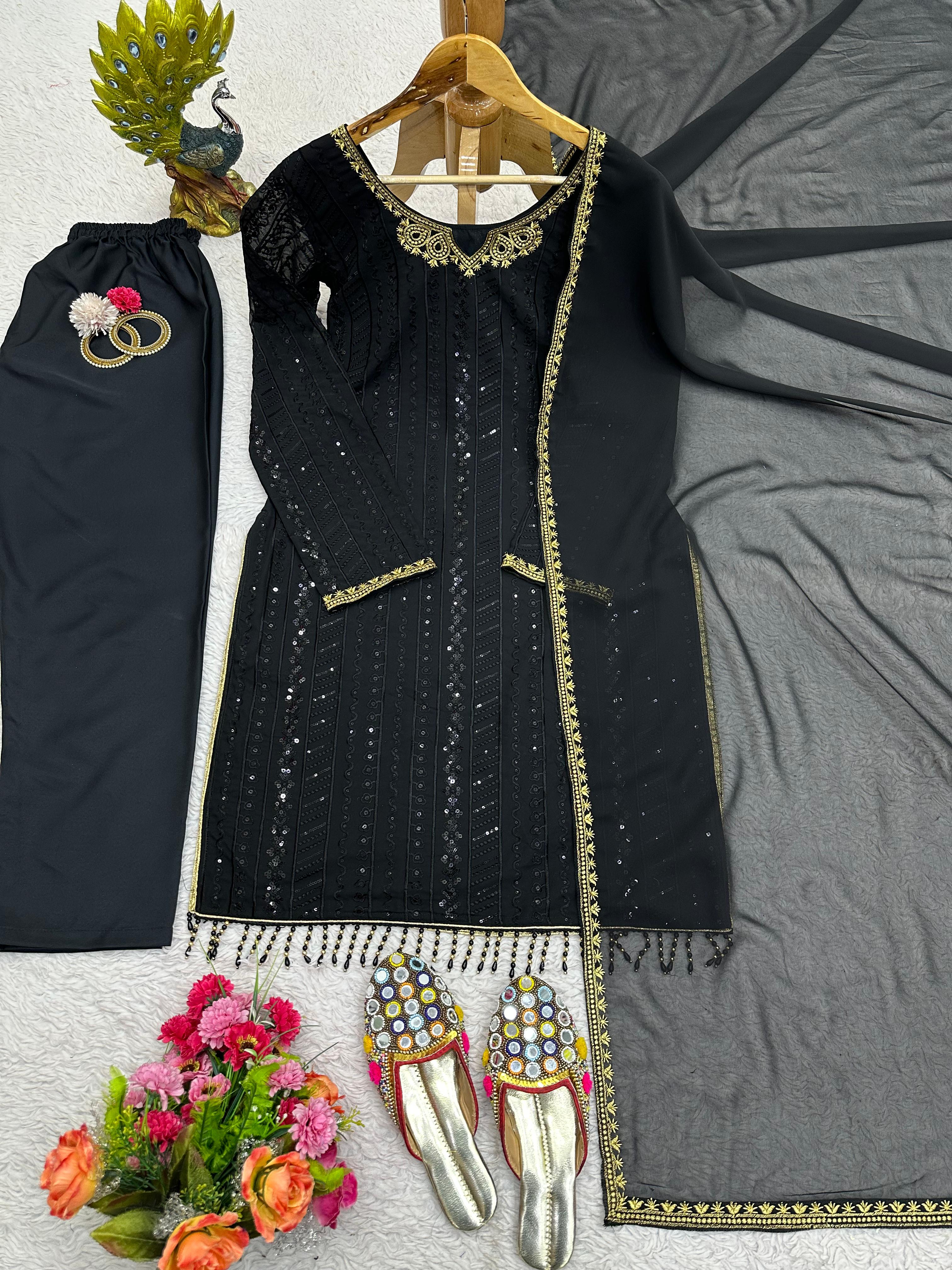 Dazzling Sequence Thread Work Black Color Salwar Suit