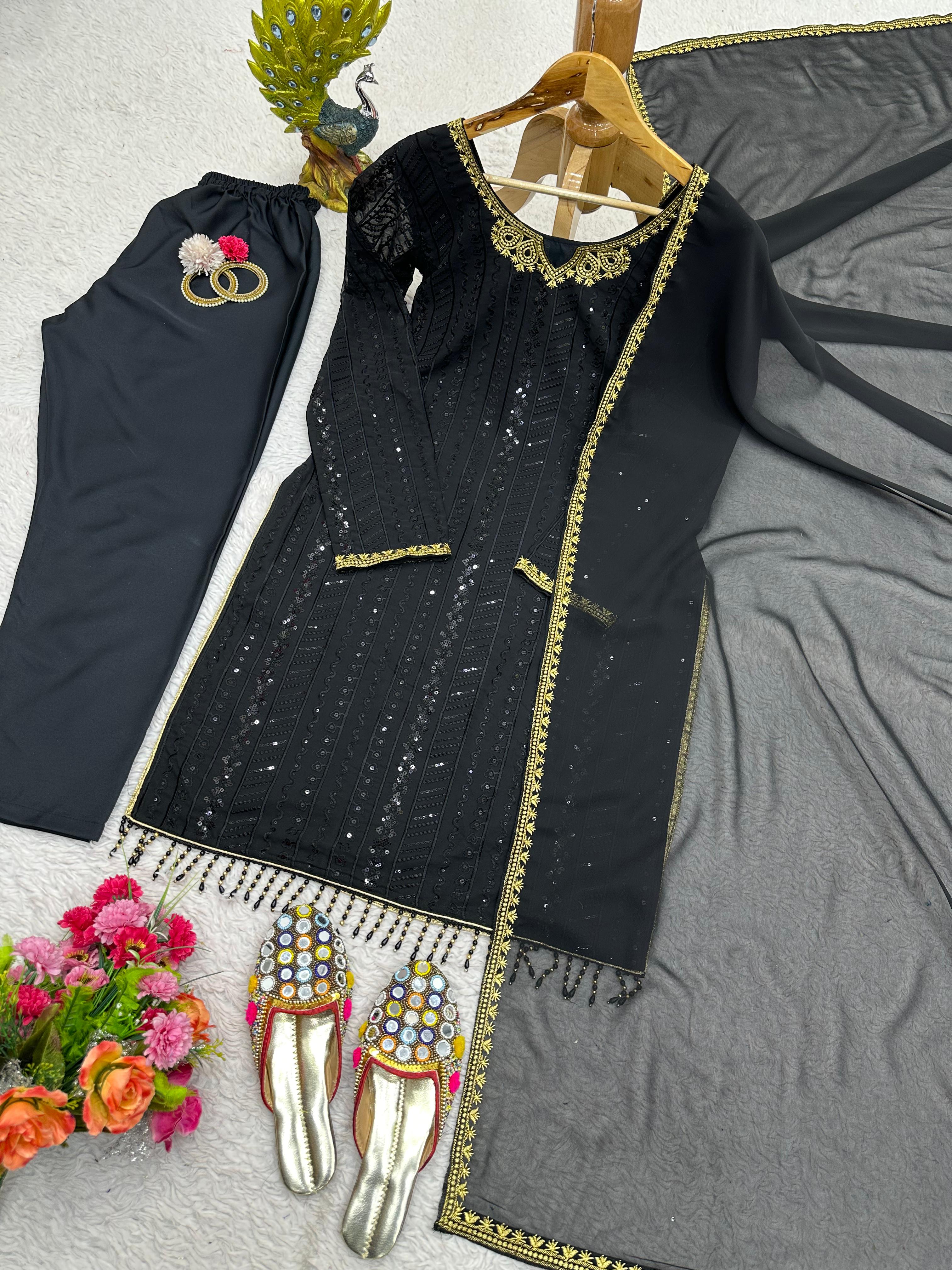 Dazzling Sequence Thread Work Black Color Salwar Suit