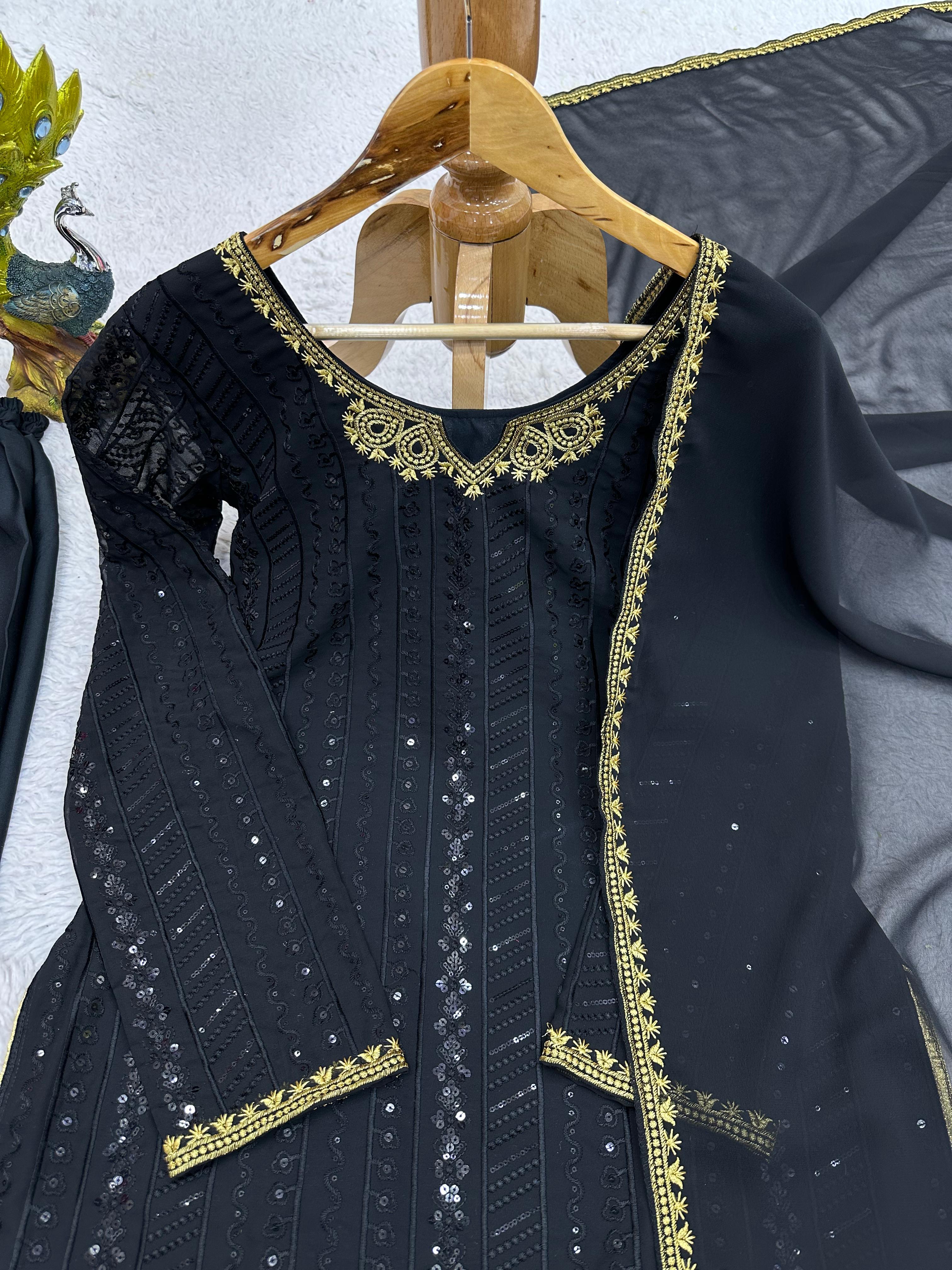 Dazzling Sequence Thread Work Black Color Salwar Suit