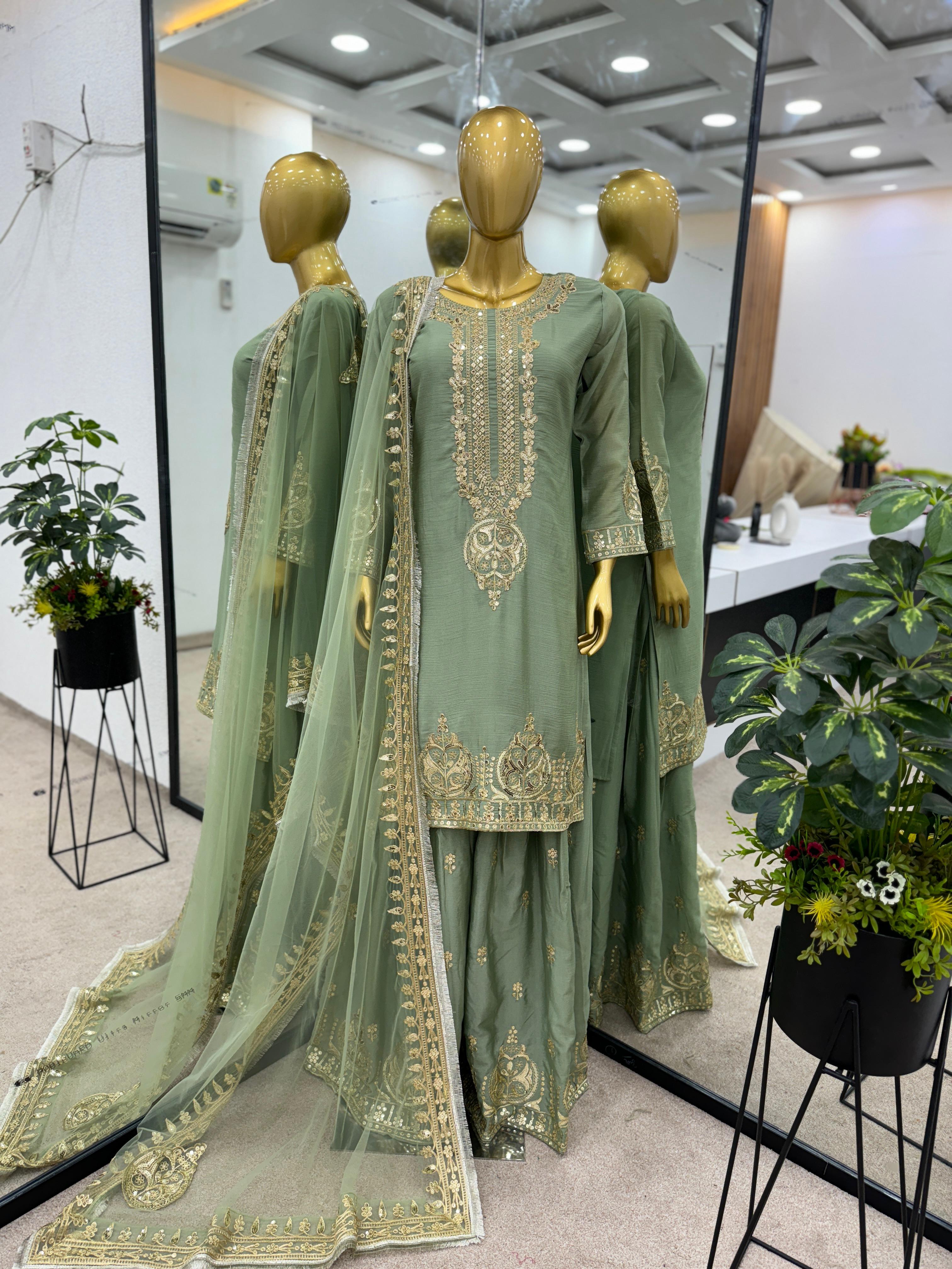 Exclusive Embroidery Work Pista Green Sharara Suit