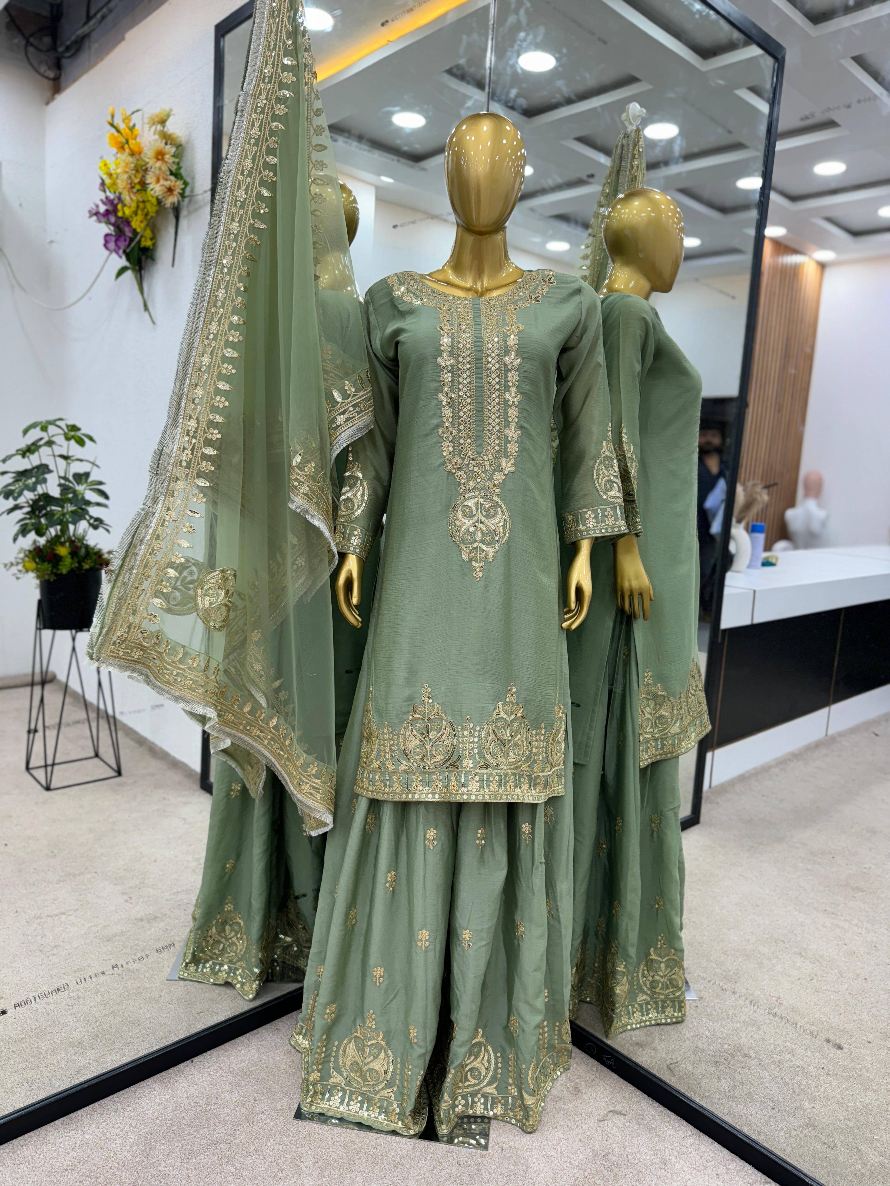 Exclusive Embroidery Work Pista Green Sharara Suit