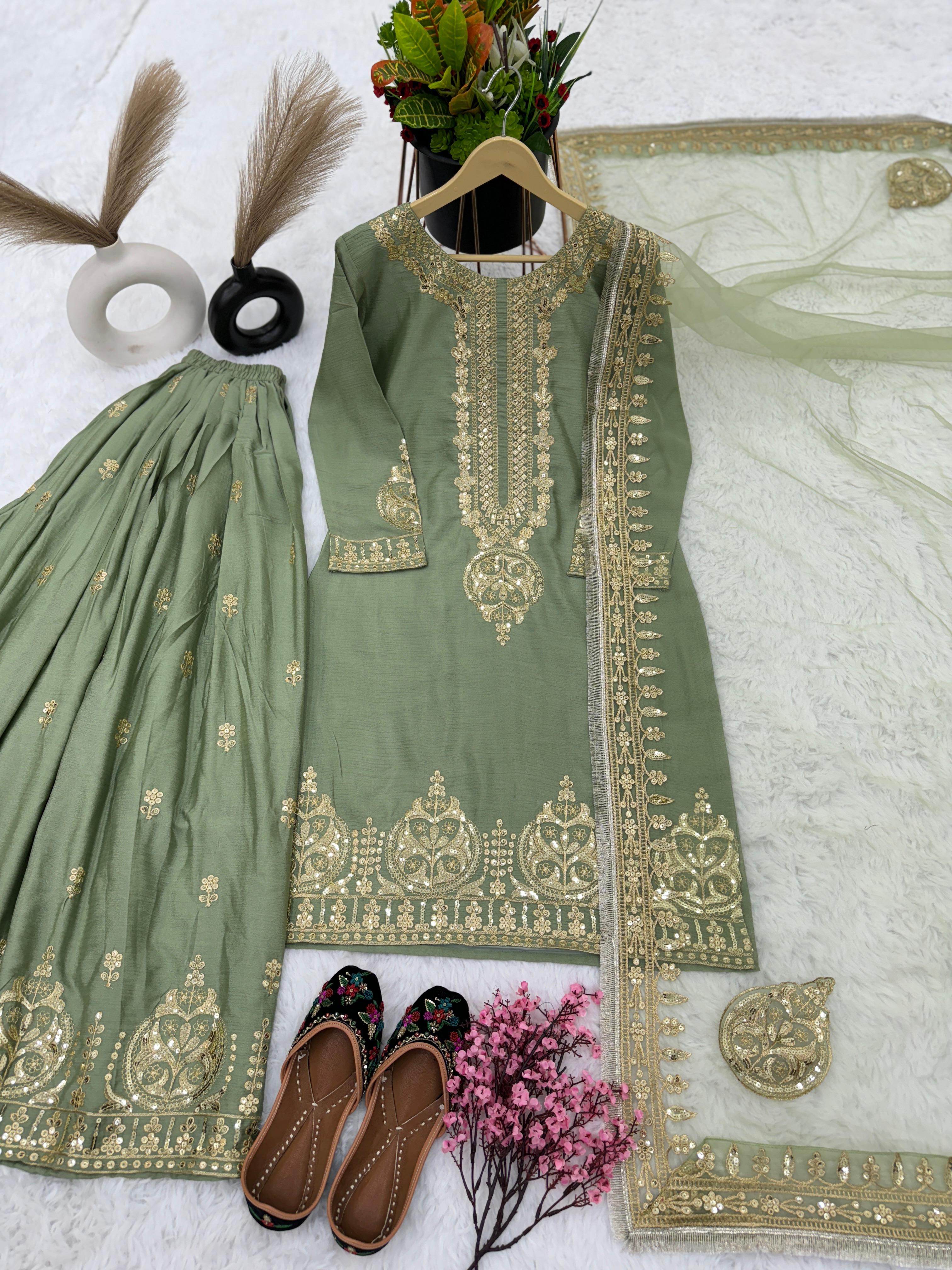 Exclusive Embroidery Work Pista Green Sharara Suit