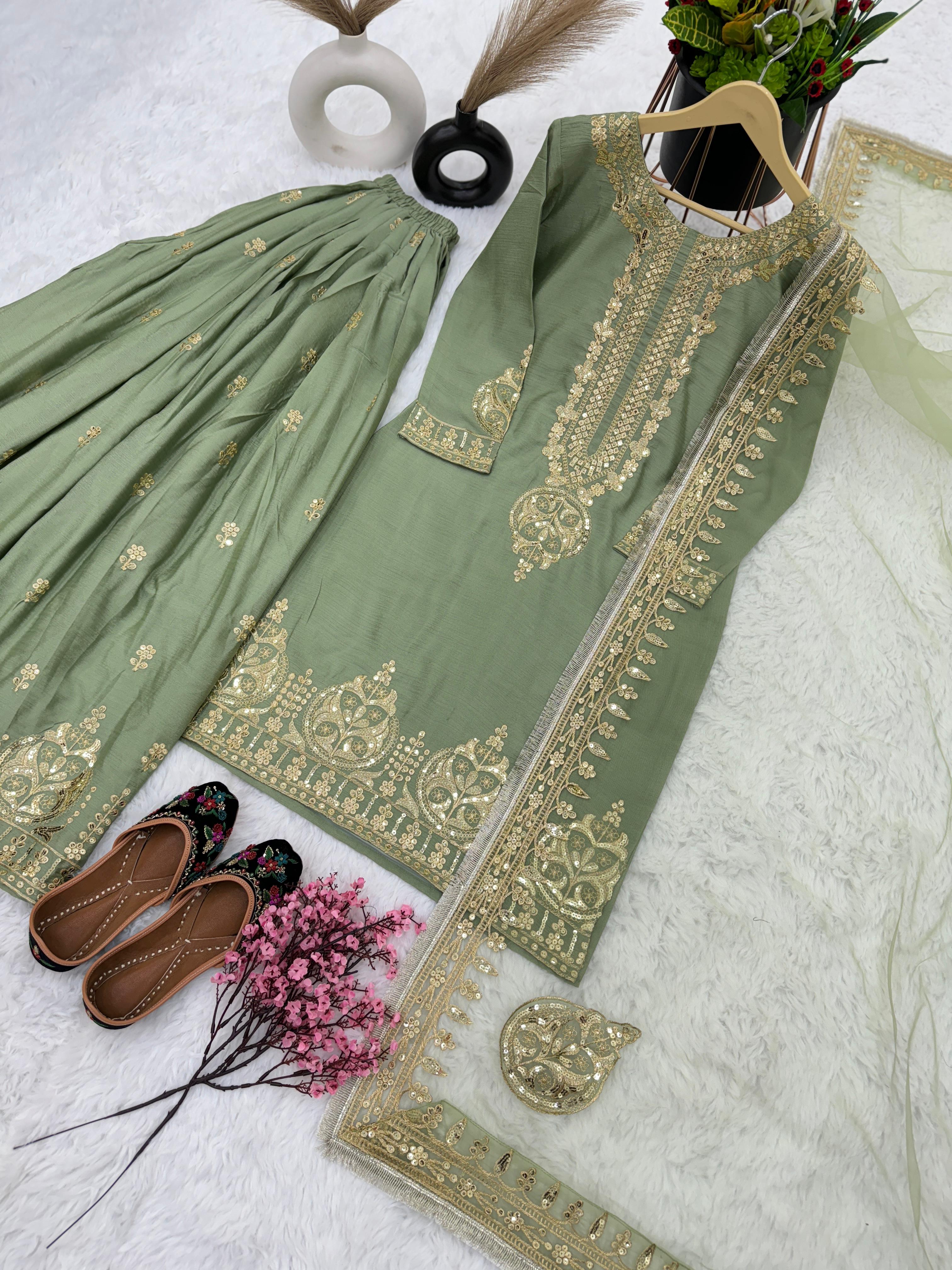 Exclusive Embroidery Work Pista Green Sharara Suit