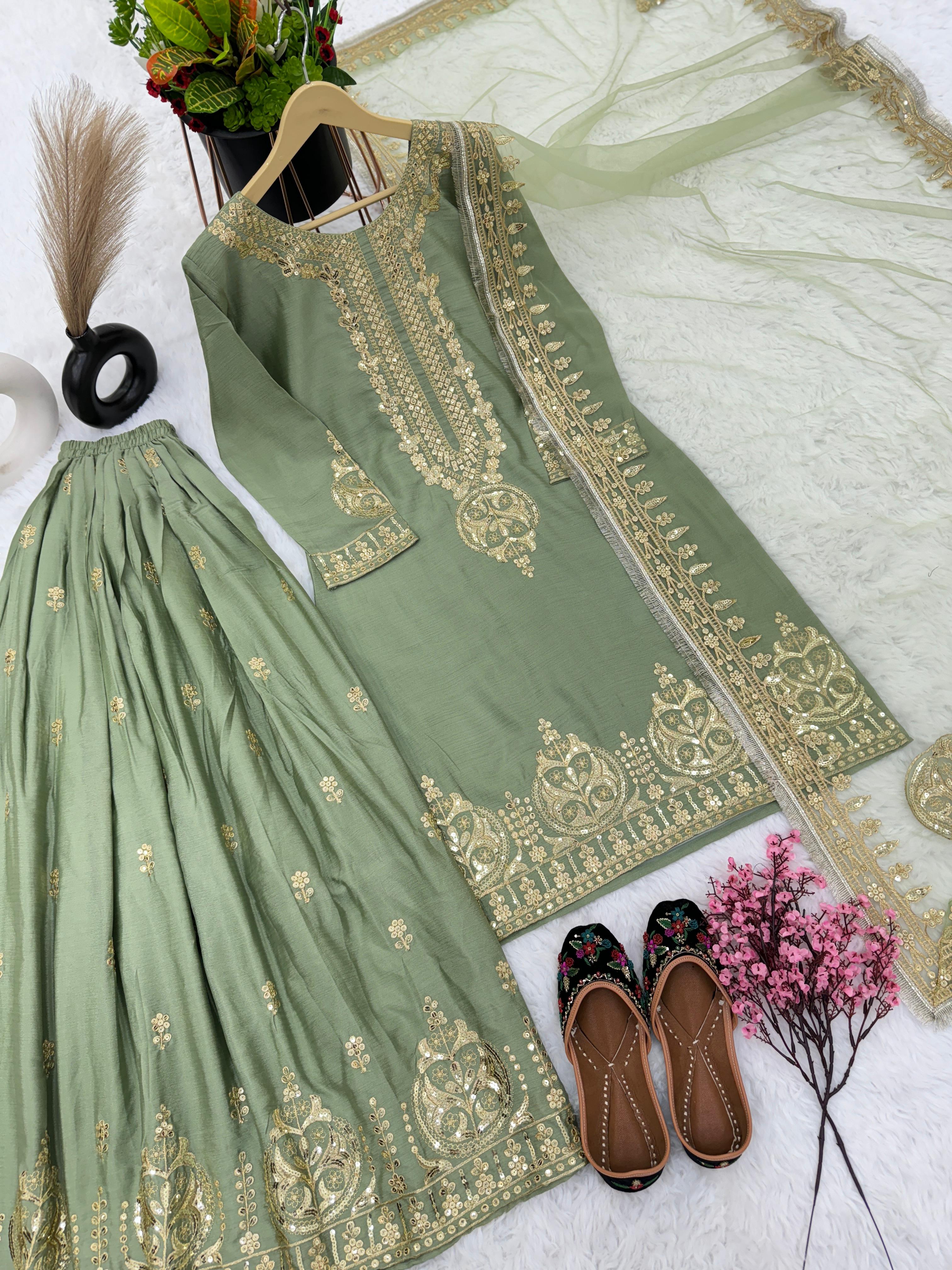 Exclusive Embroidery Work Pista Green Sharara Suit