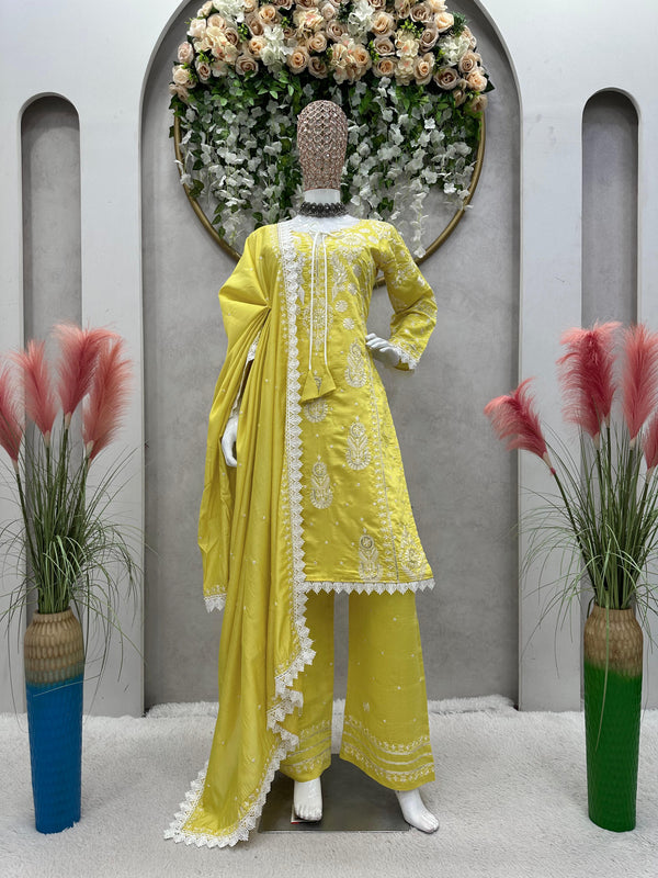 Pretty Thread Work Yellow Palazzo Suit With Dupatta