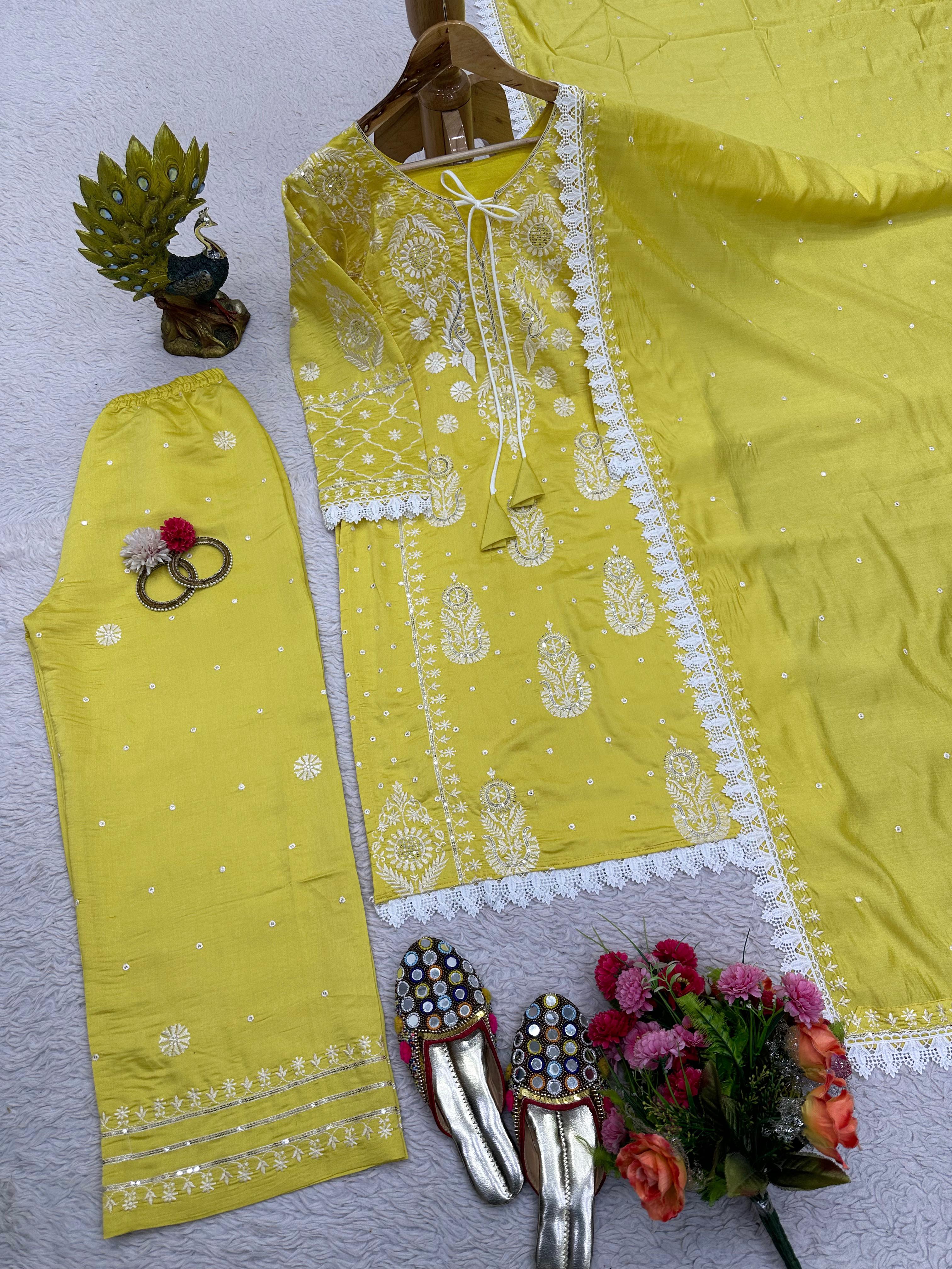 Pretty Thread Work Yellow Palazzo Suit With Dupatta