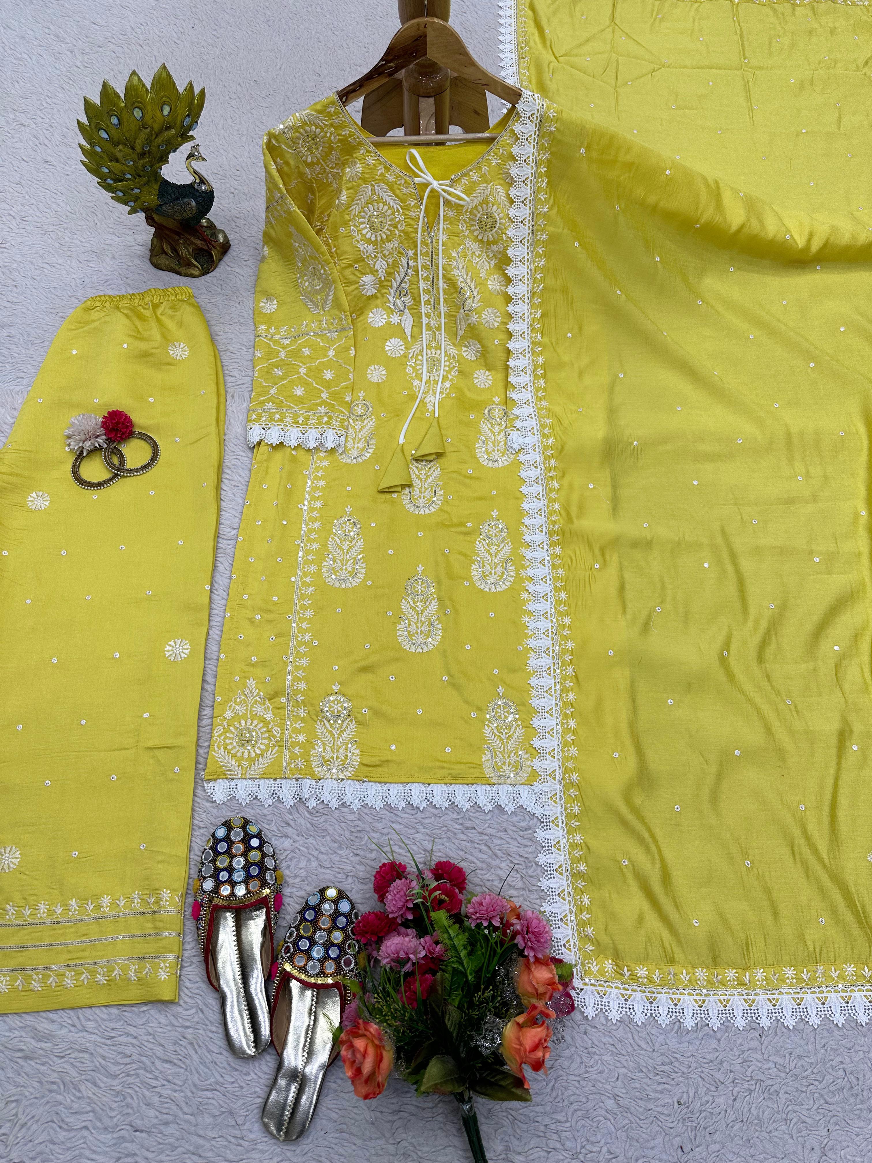 Pretty Thread Work Yellow Palazzo Suit With Dupatta