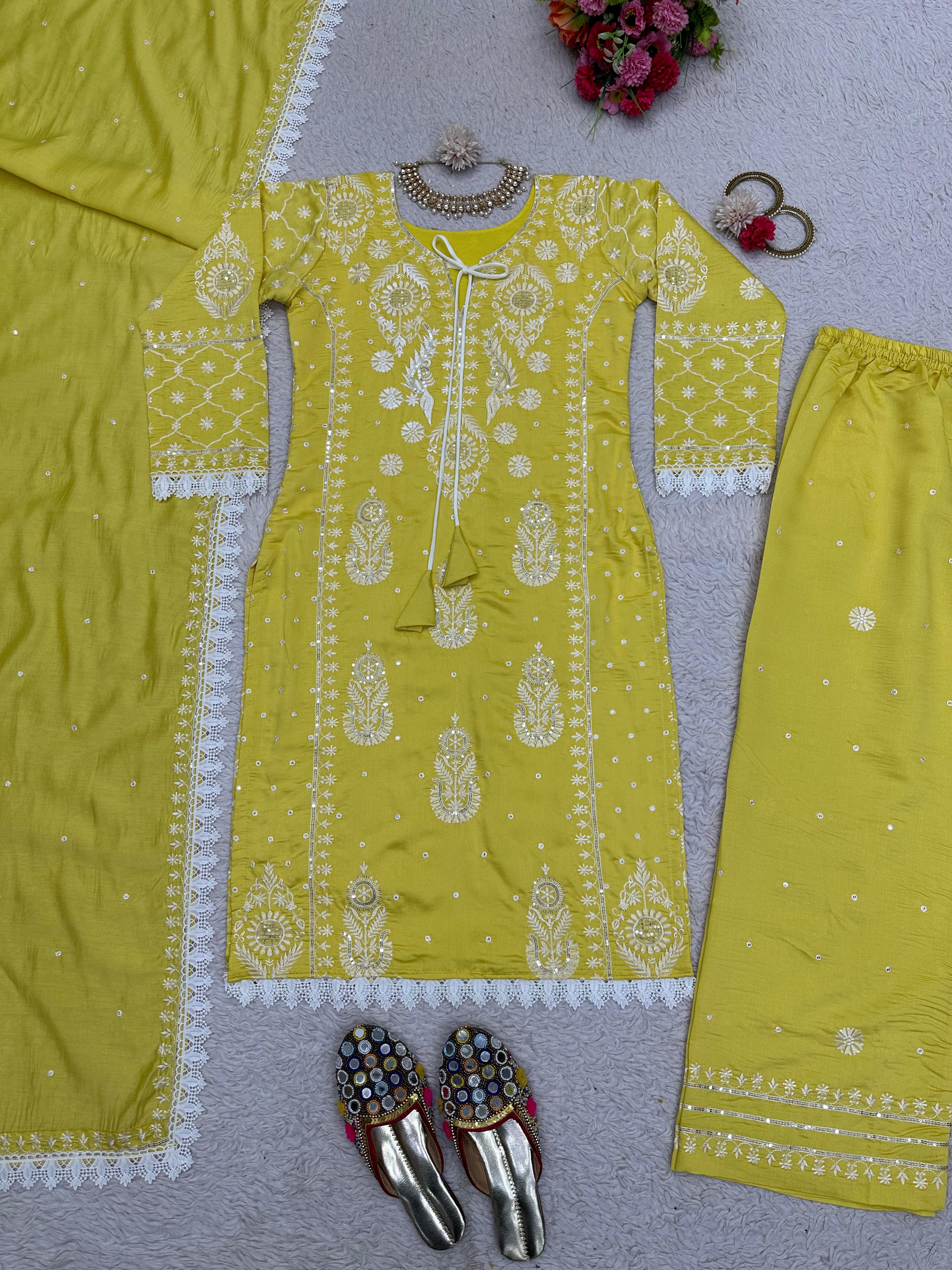 Pretty Thread Work Yellow Palazzo Suit With Dupatta