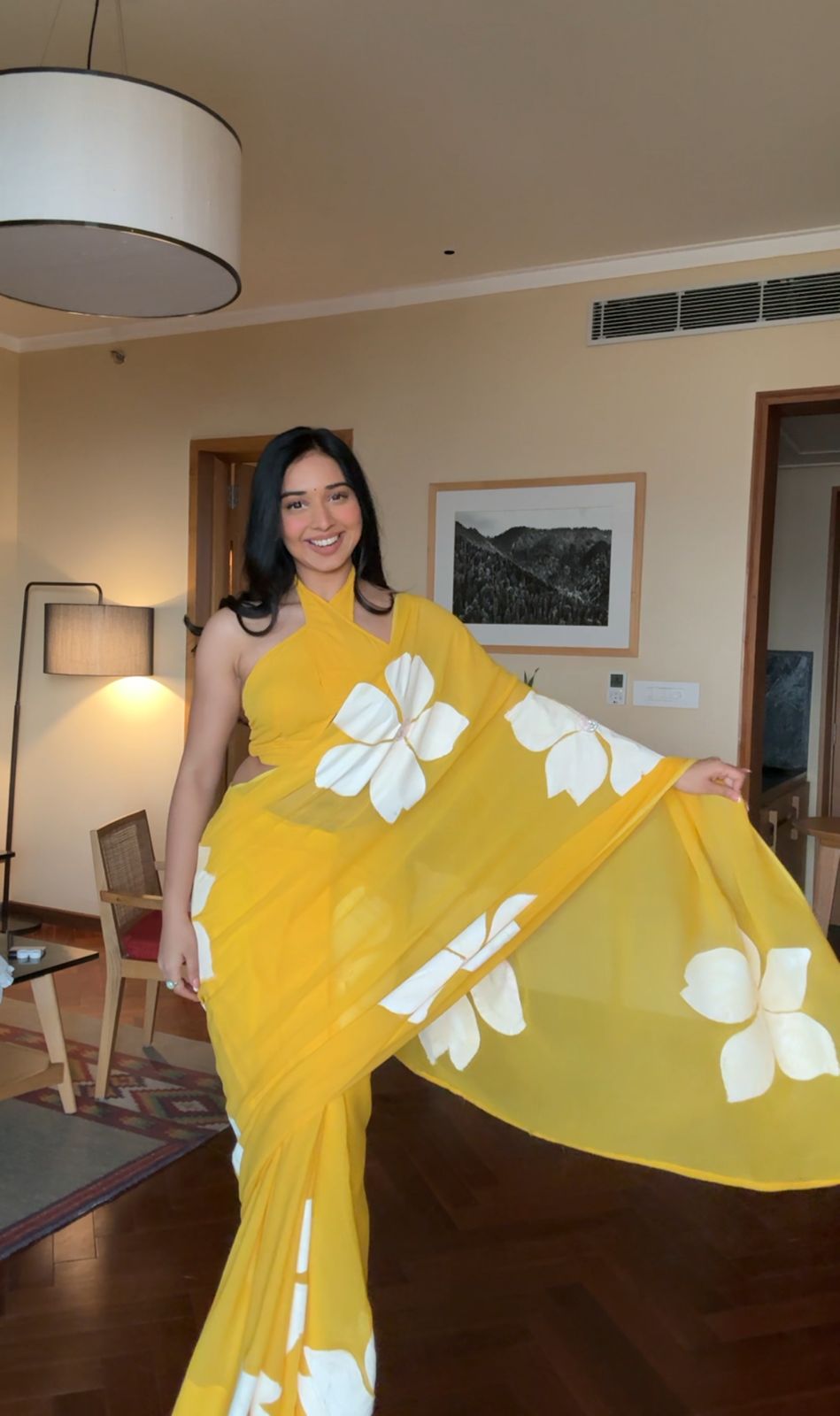 Flower Print Ready To Wear Yellow Color Saree