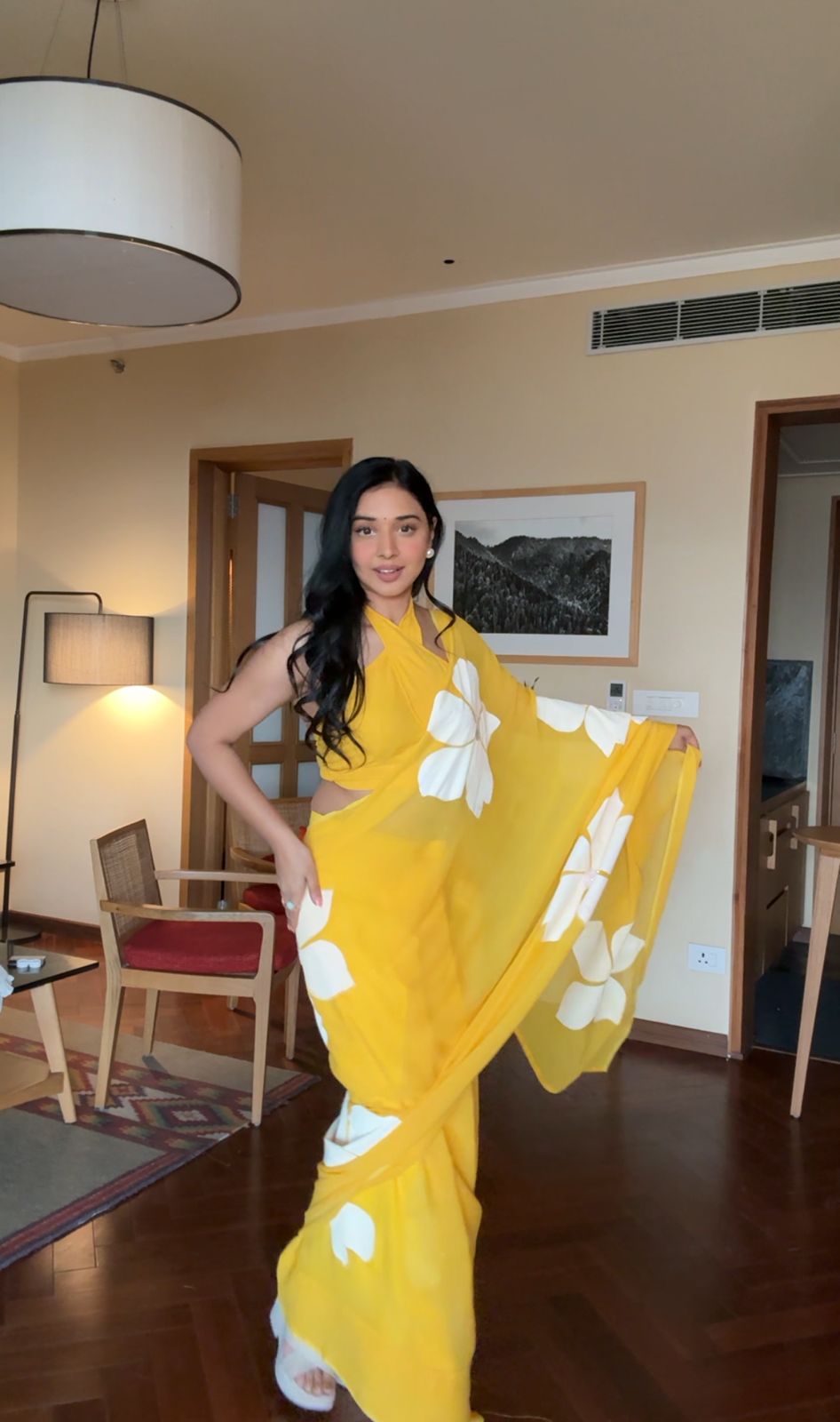 Flower Print Ready To Wear Yellow Color Saree