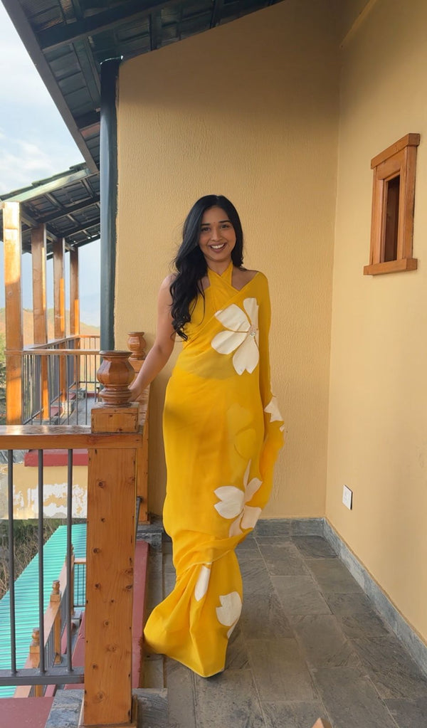 Flower Print Ready To Wear Yellow Color Saree