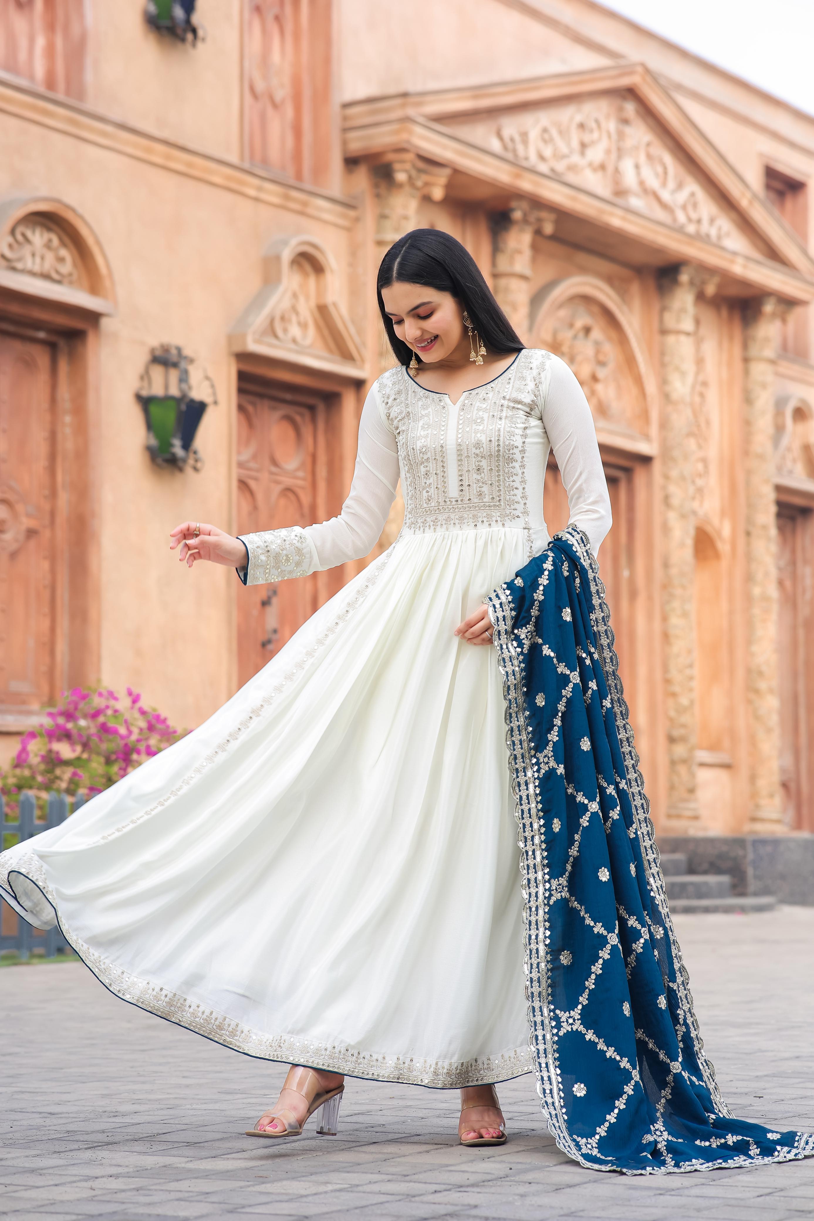 Dupatta Blue And White Contrast Dress Stylish White Gown With Navy Blue Work Dupatta Vastra Shop Dupatta Blue And White Contrast Dress Stylish White Gown With Navy Blue Work Dupatta Vastra Shop