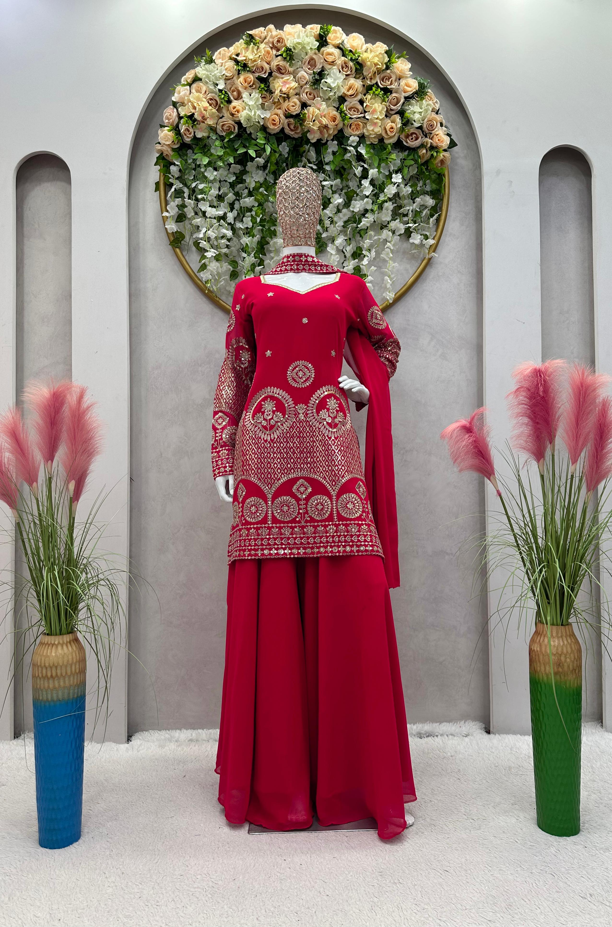 Pink Color Work Top With Plain Sharara Suit