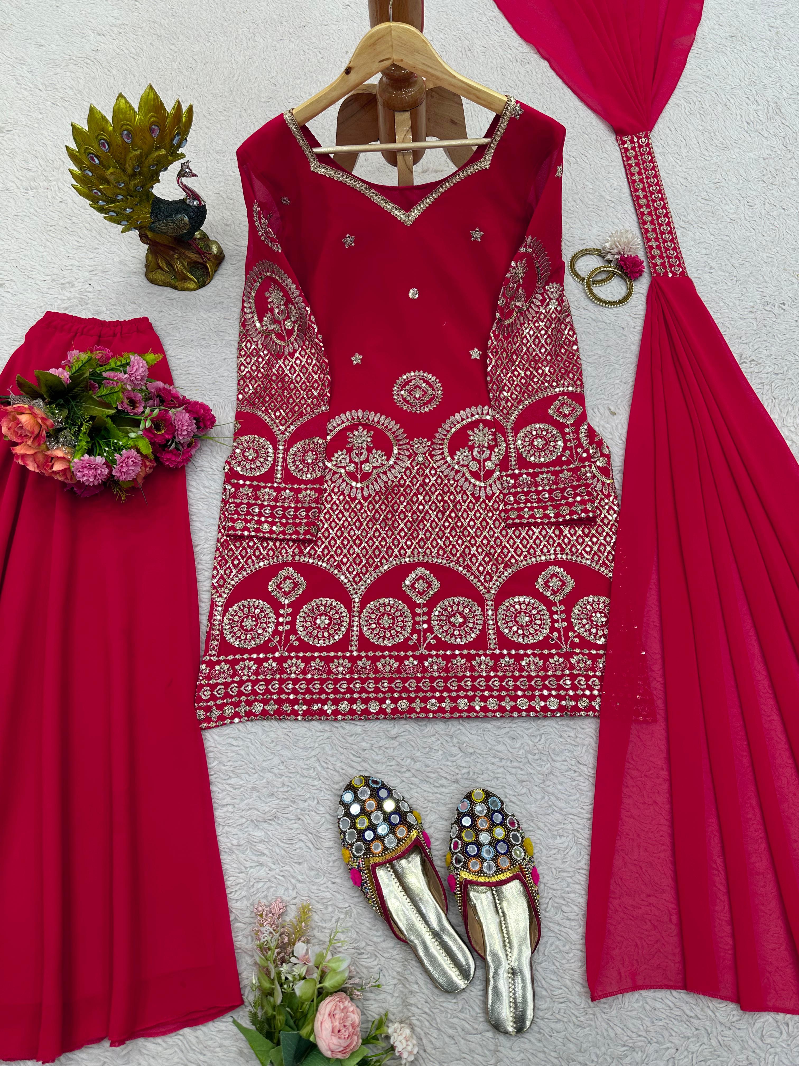 Pink Color Work Top With Plain Sharara Suit