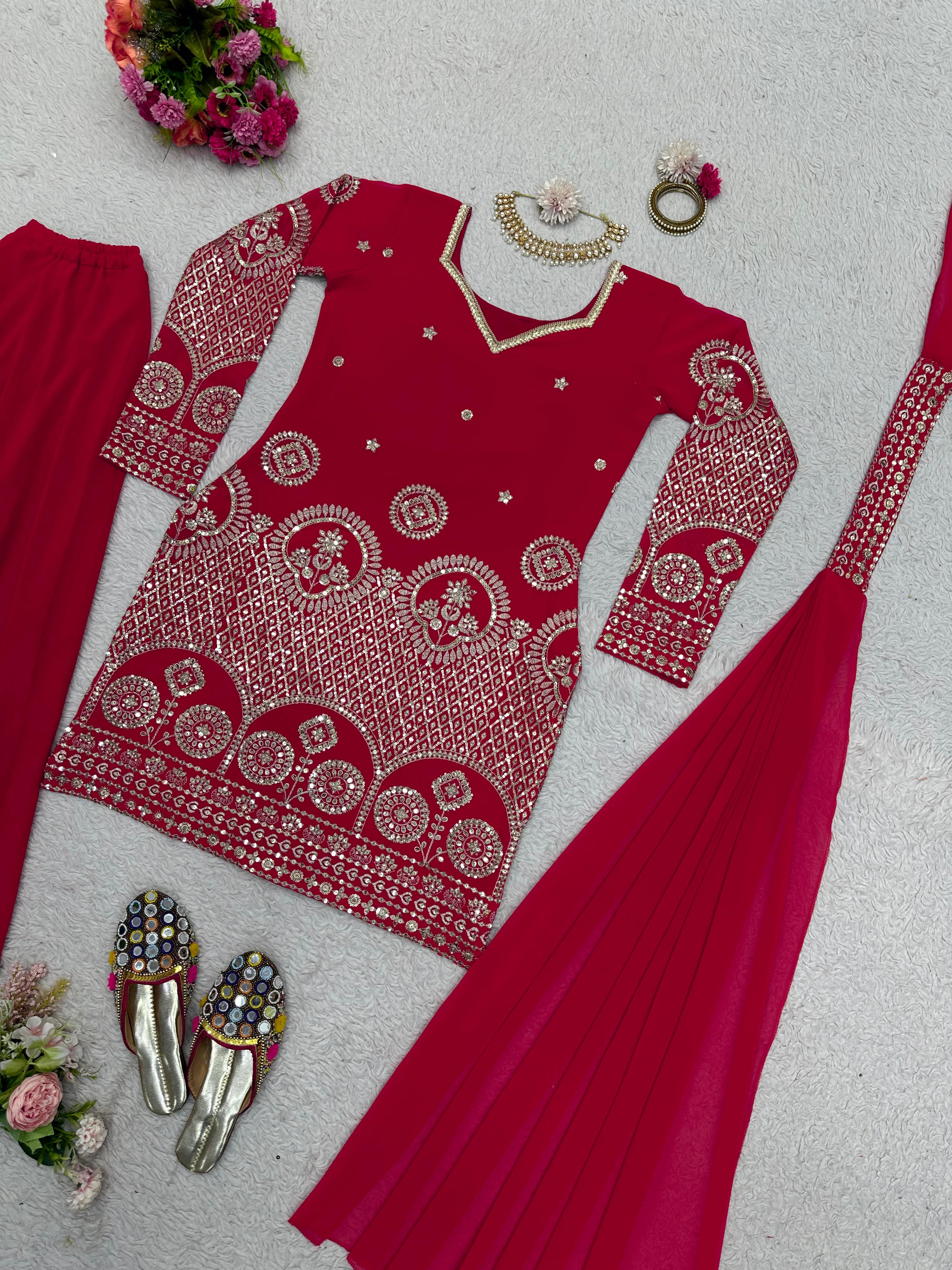 Pink Color Work Top With Plain Sharara Suit