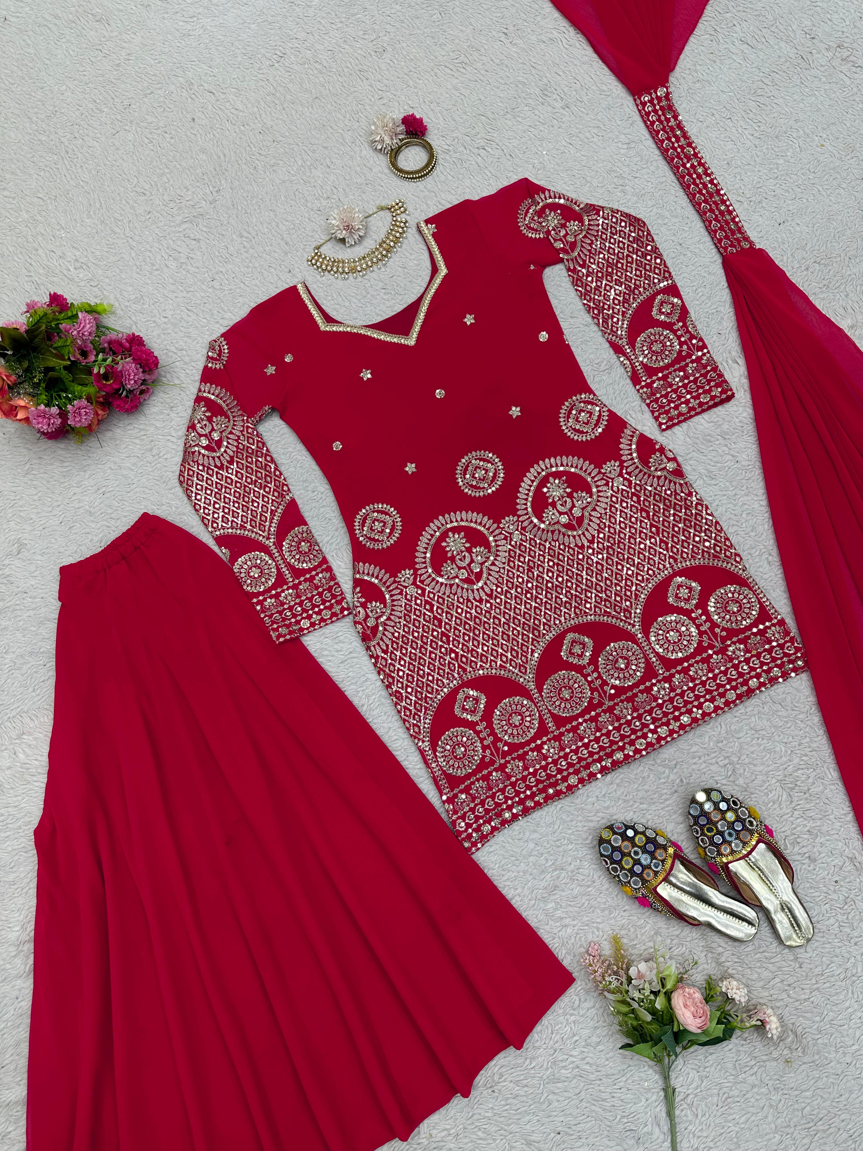 Pink Color Work Top With Plain Sharara Suit