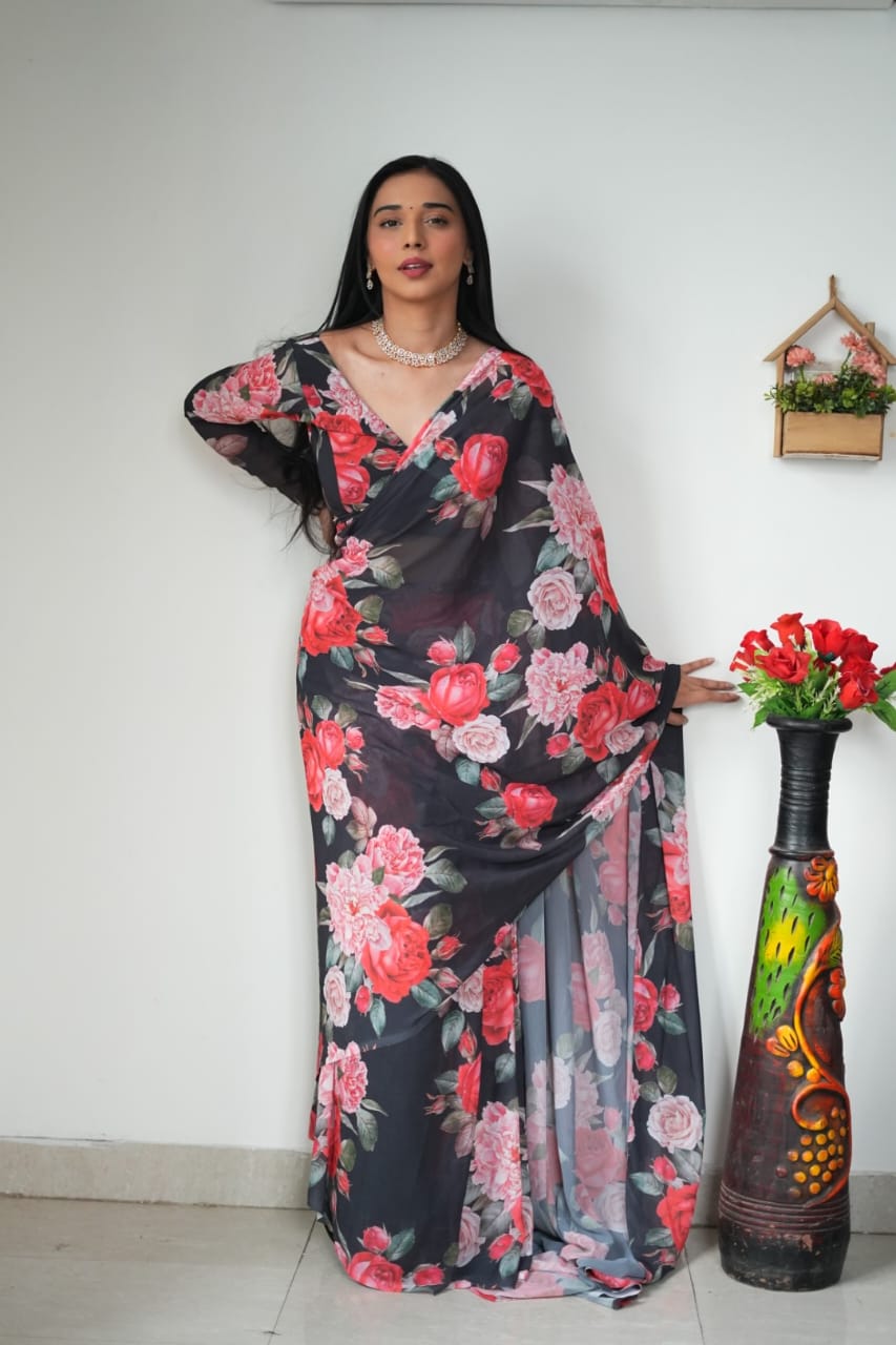 Ready To Wear Rose Print Black Color Saree