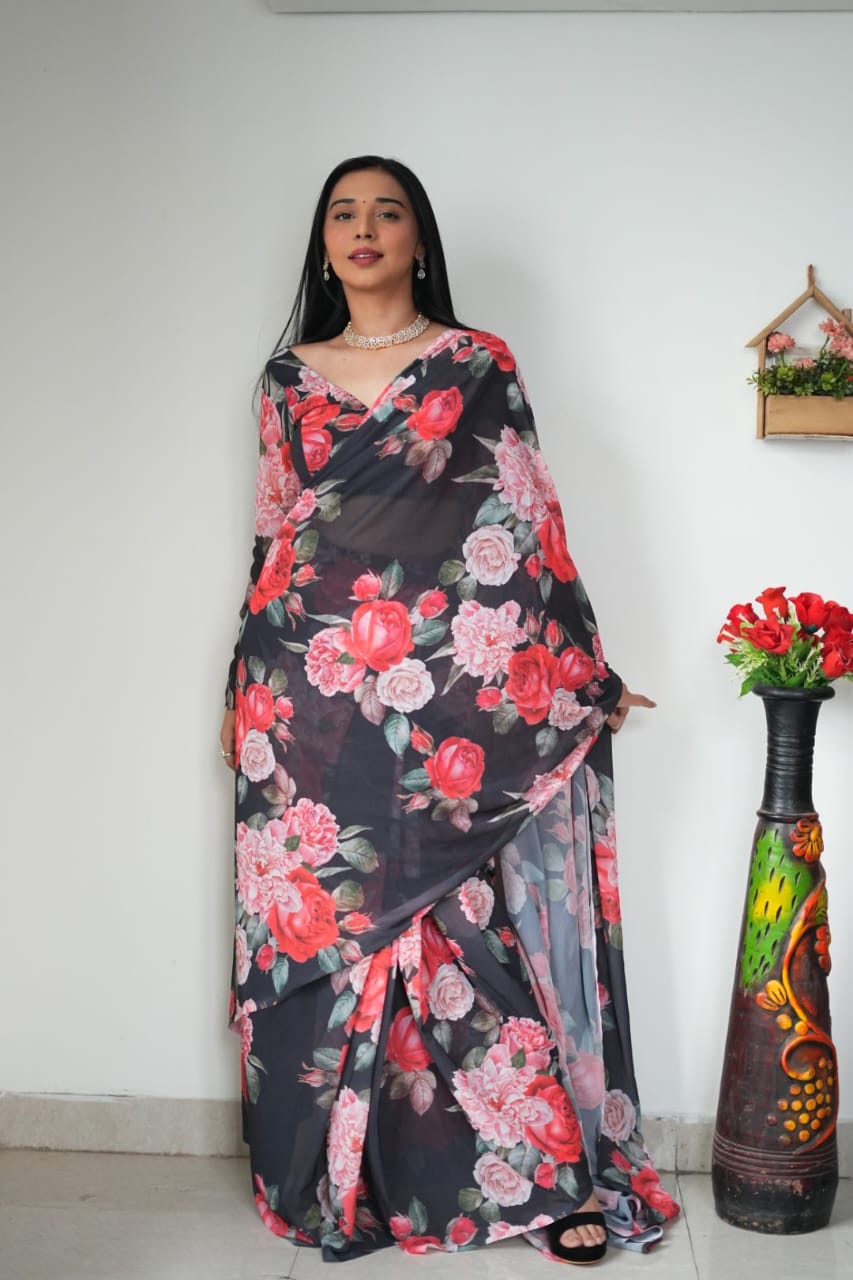 Ready To Wear Rose Print Black Color Saree