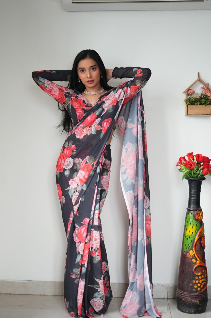 Ready To Wear Rose Print Black Color Saree