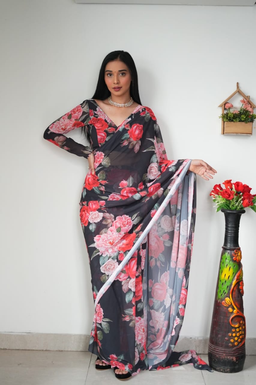 Ready To Wear Rose Print Black Color Saree