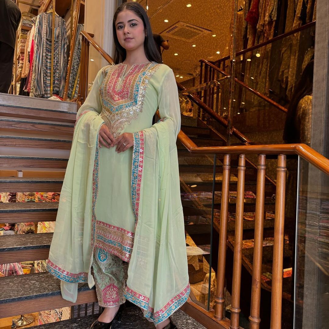 Stunning Pista Green Embroidery Work Salwar Suit