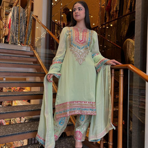 Stunning Pista Green Embroidery Work Salwar Suit